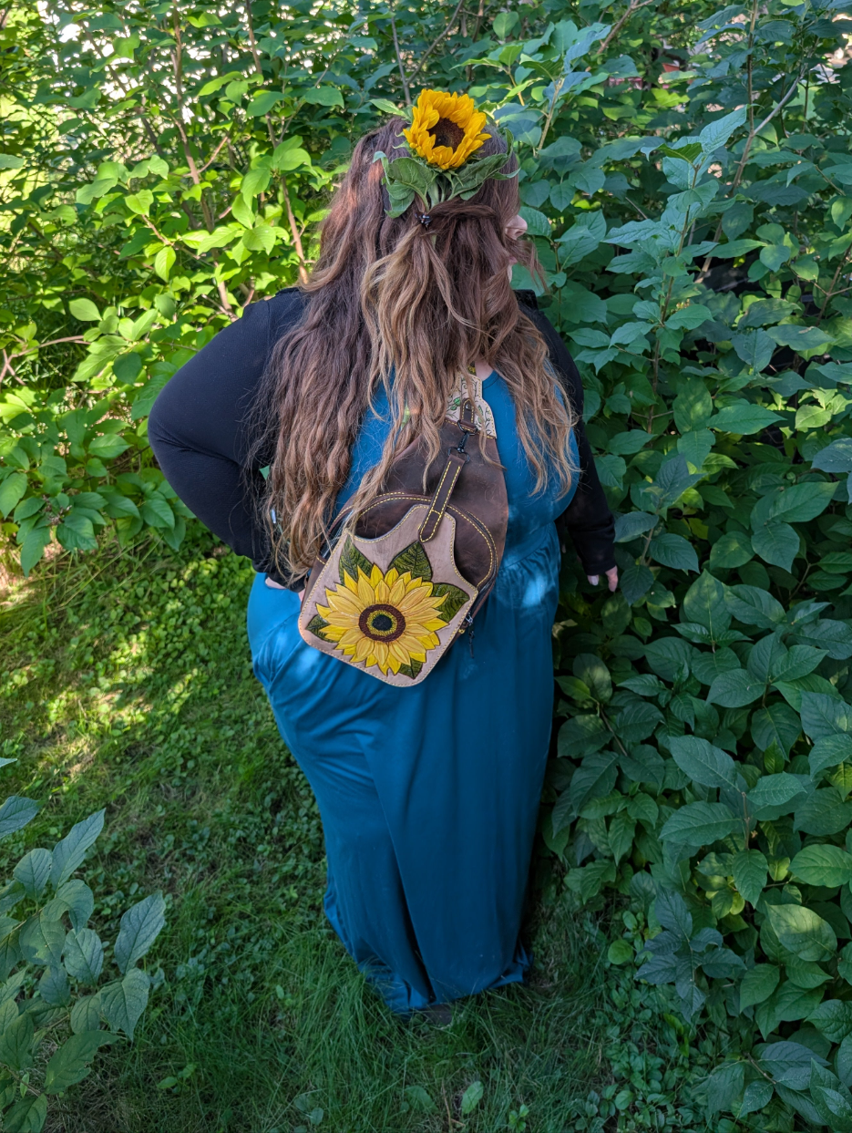 Custom order for A. - Handmade Leather Sunflower Slingbag - Hand painted and Hand Tooled - Full Grain Leather