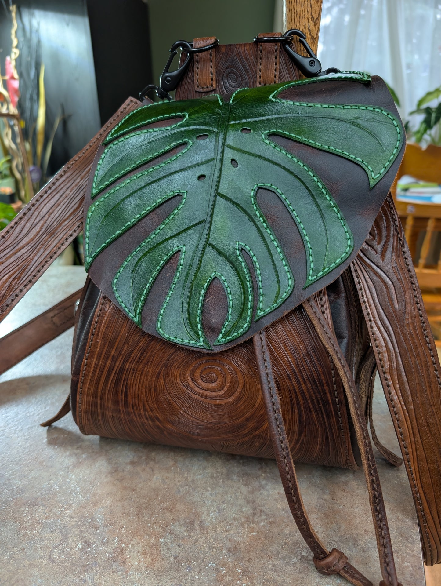 Handmade Leather Monstera Backpack ~ Full Grain and hand tooled ~ Made in Canada