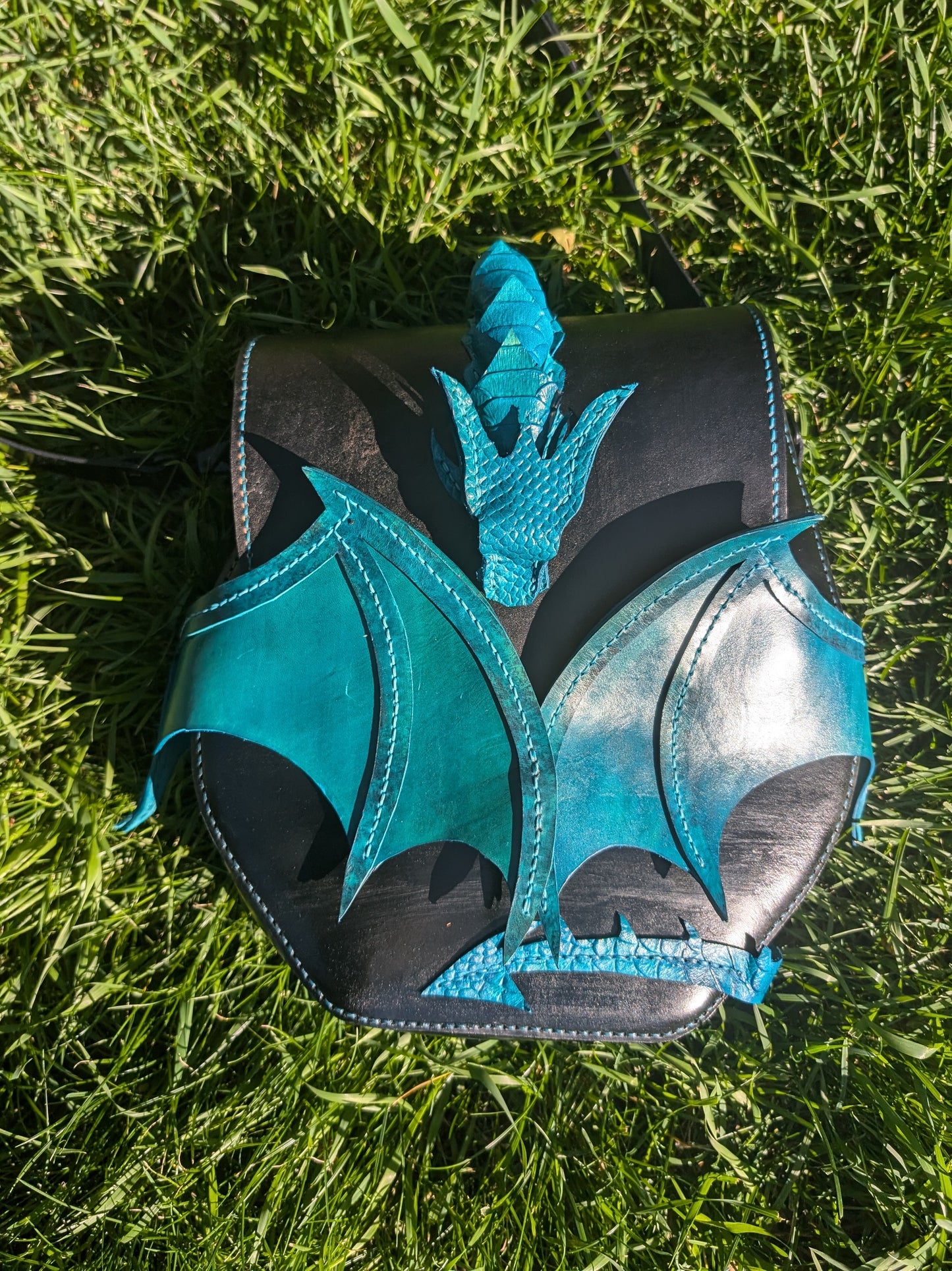 π²π² Handmade Leather Turquoise and Black Dragon Crossbody Bag (FULL GRAIN) π²π²