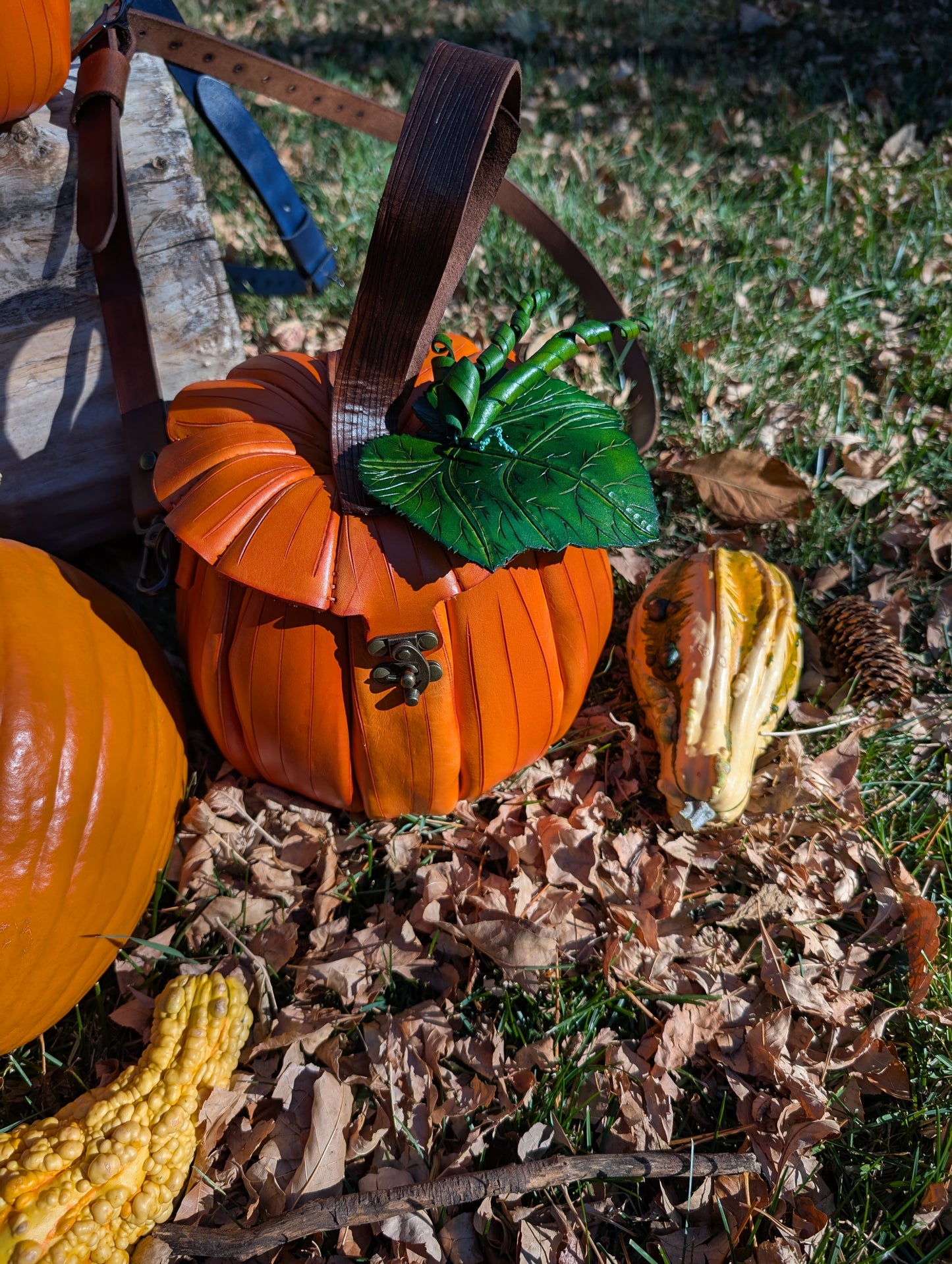 LARGE Handmade Leather Pumpkin Crossbody Bag and Belt Bag Hybrid - Full Grain Leather - Handmade in Canada - Brown Stem