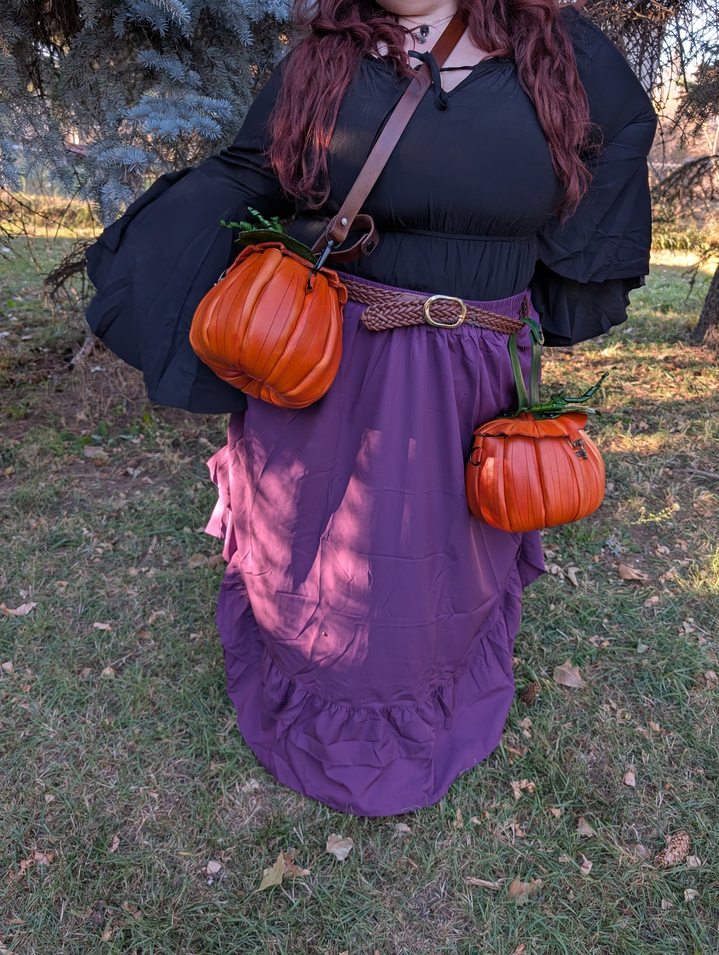 LARGE Handmade Leather Pumpkin Crossbody Bag and Belt Bag Hybrid - Full Grain Leather - Handmade in Canada - Brown Stem