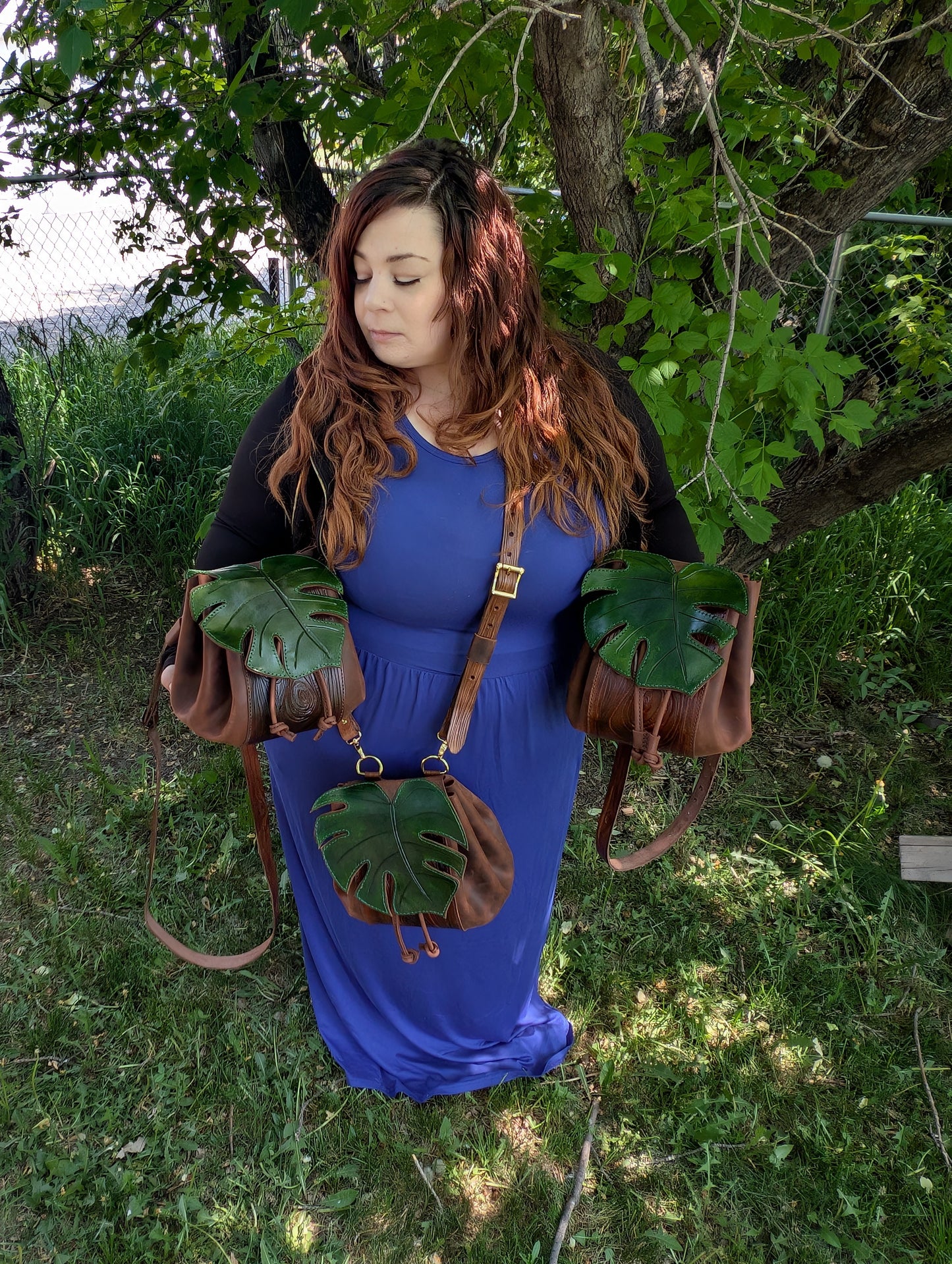 Handmade Leather Monstera Leaf Crossbody Purse (Full Grain Leather & Tooled Wood Grain Details) - Handmade in Canada