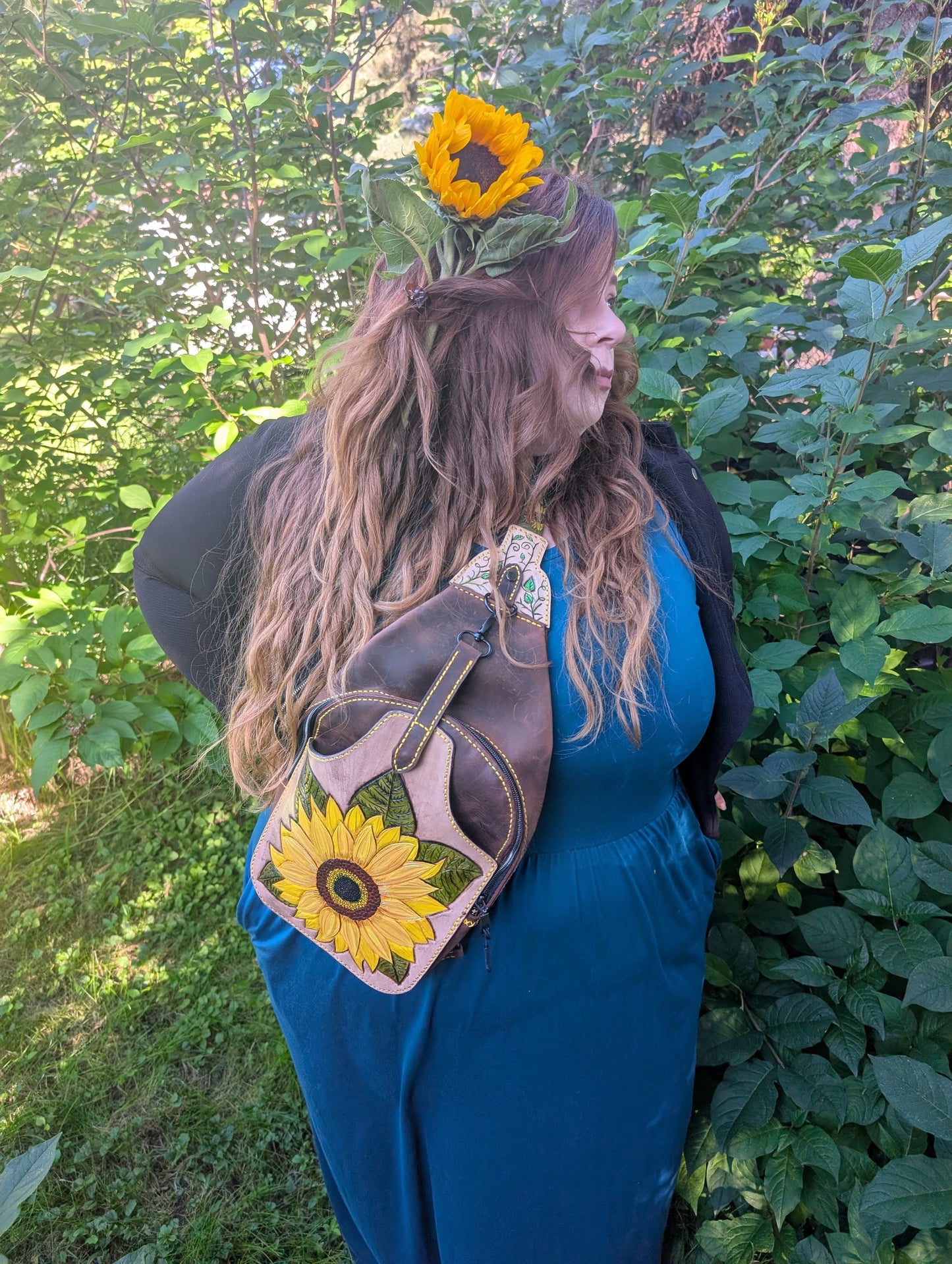 Custom order for A. - Handmade Leather Sunflower Slingbag - Hand painted and Hand Tooled - Full Grain Leather