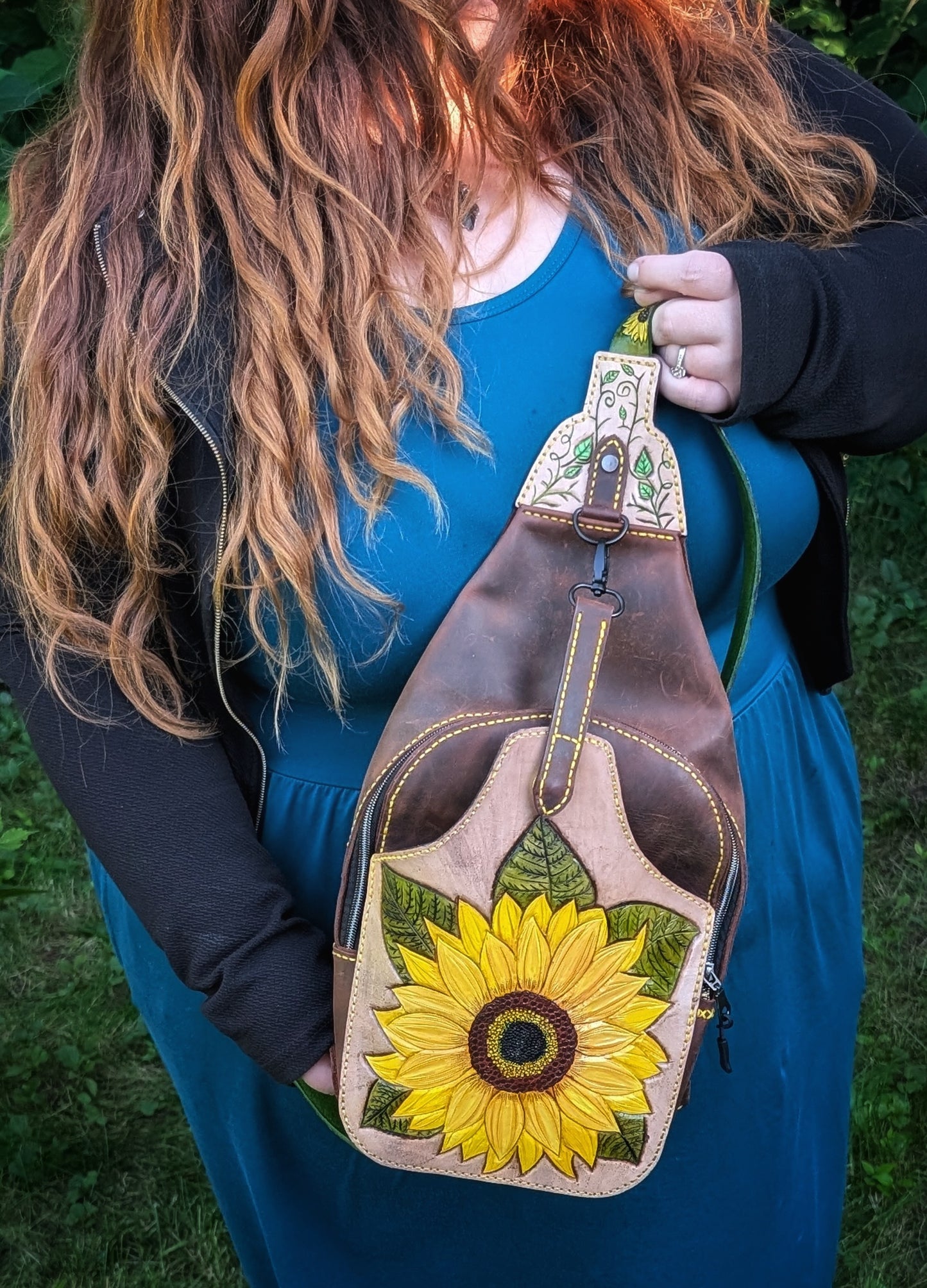 Custom order for A. - Handmade Leather Sunflower Slingbag - Hand painted and Hand Tooled - Full Grain Leather