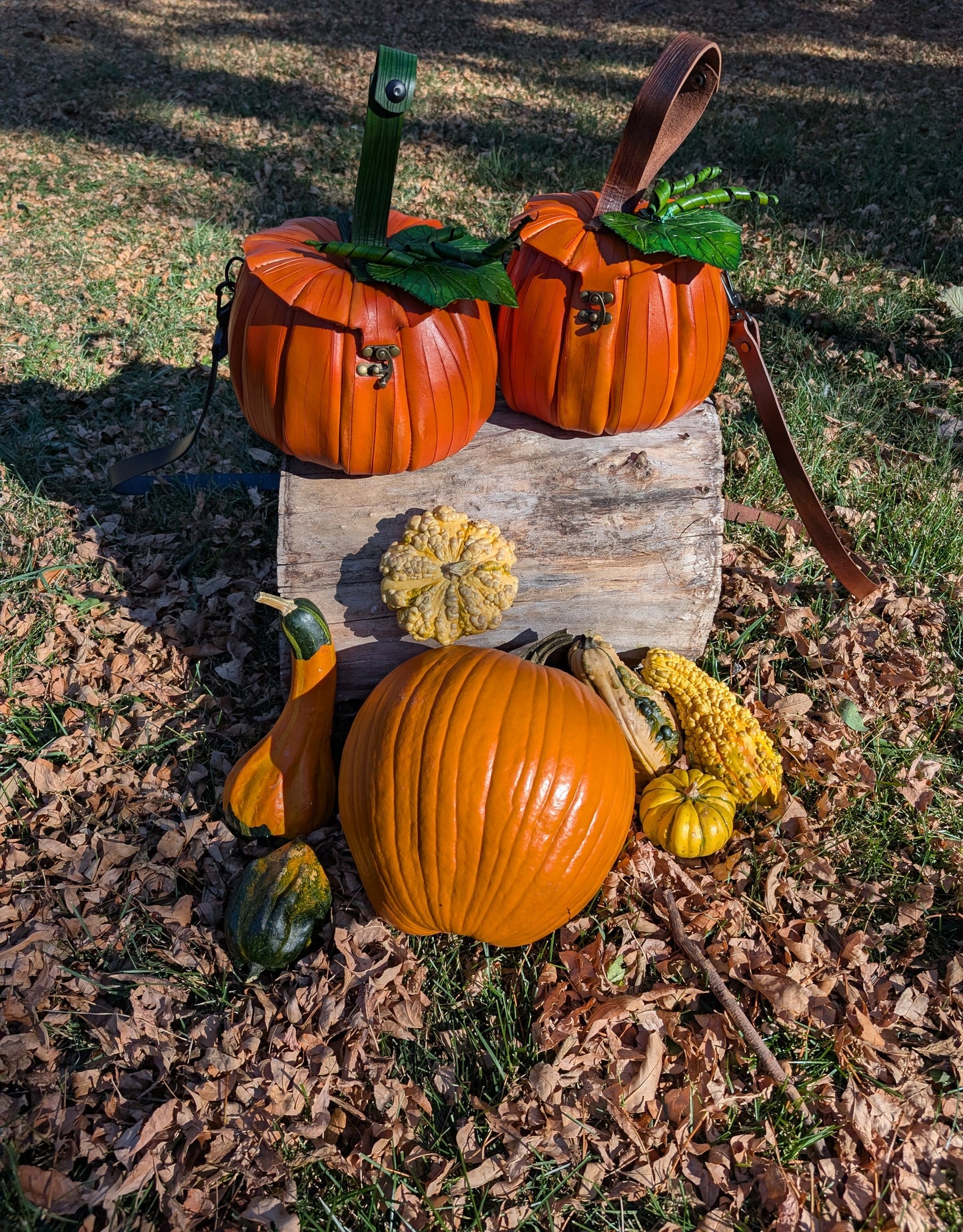 LARGE Handmade Leather Pumpkin Crossbody Bag and Belt Bag Hybrid - Full Grain Leather - Handmade in Canada - Brown Stem
