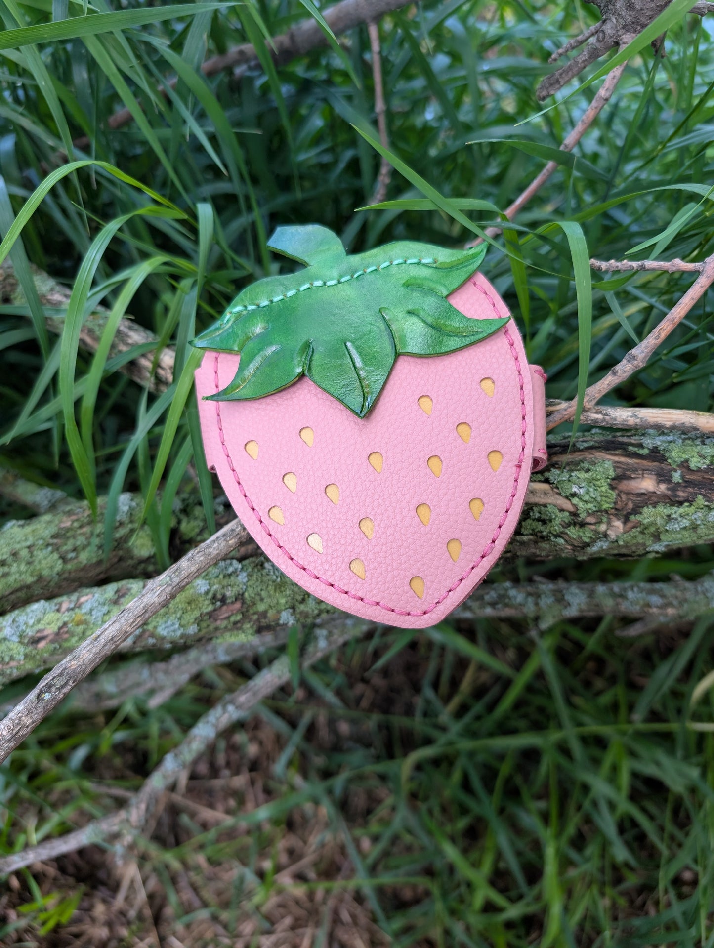 Handmade Mini Leather PINK Strawberry Wallet - Full Grain