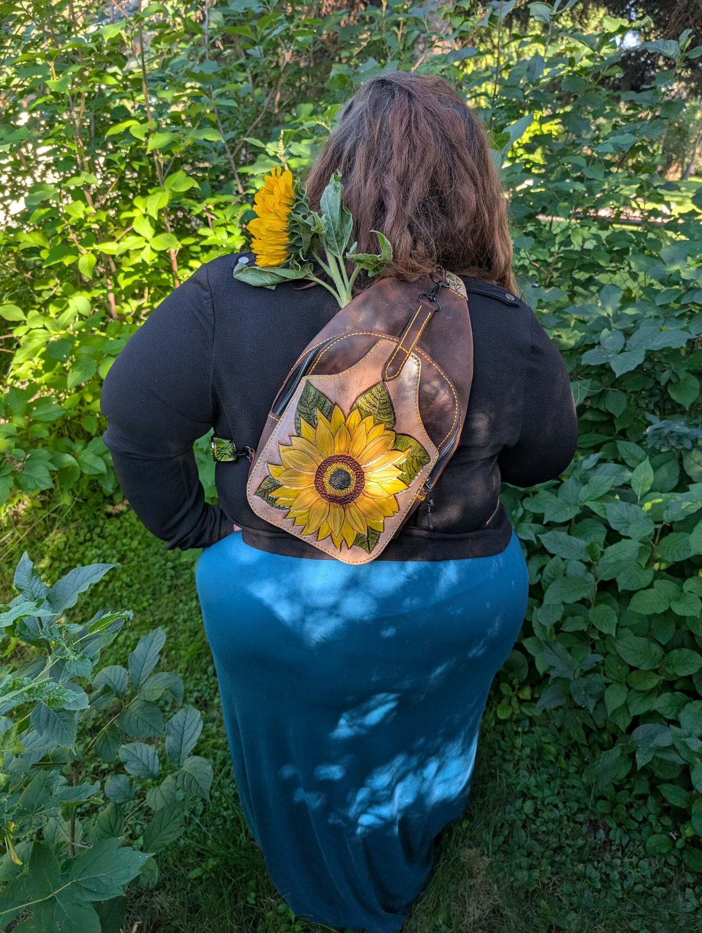 Custom order for A. - Handmade Leather Sunflower Slingbag - Hand painted and Hand Tooled - Full Grain Leather