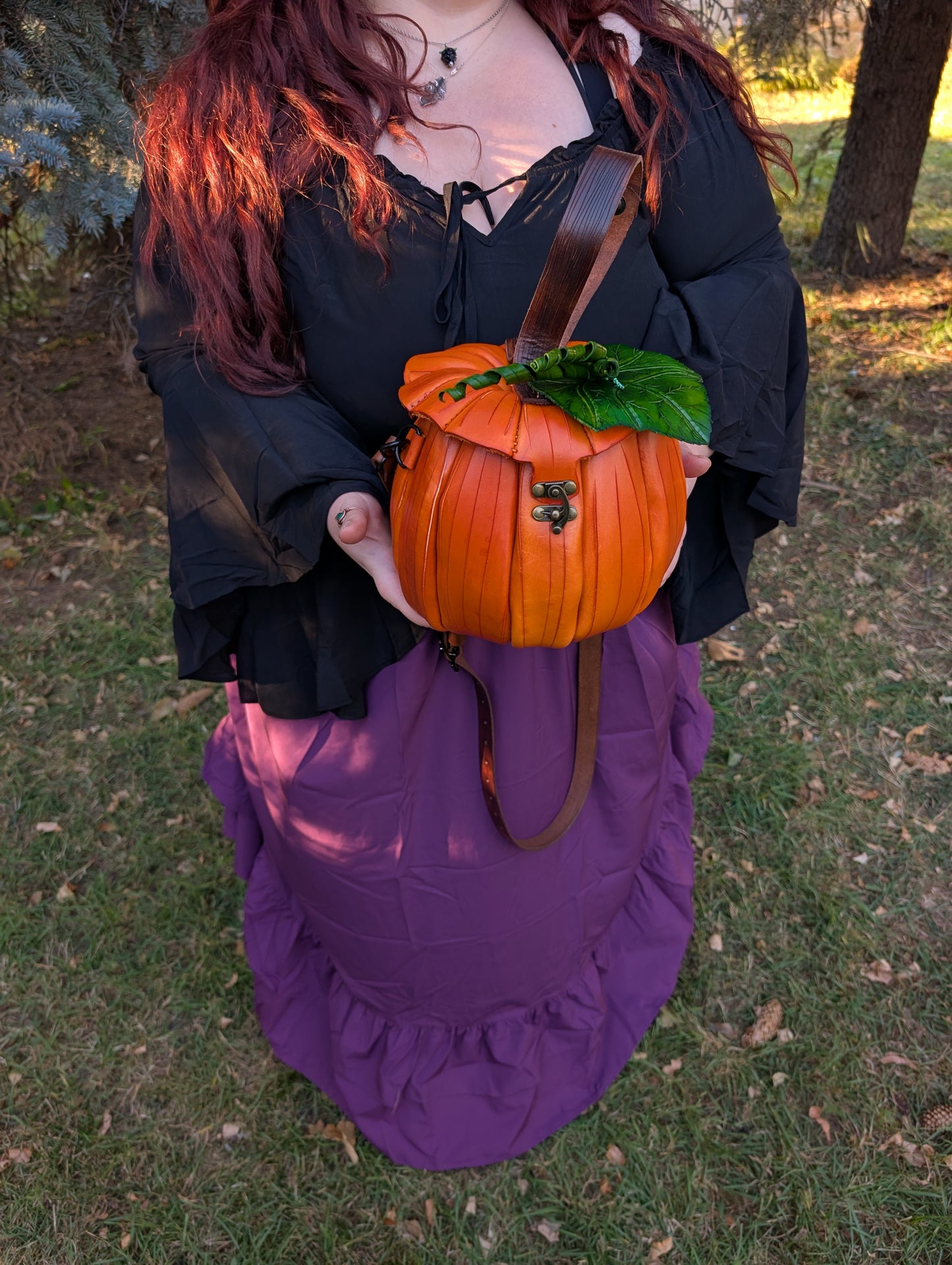 LARGE Handmade Leather Pumpkin Crossbody Bag and Belt Bag Hybrid - Full Grain Leather - Handmade in Canada - Brown Stem