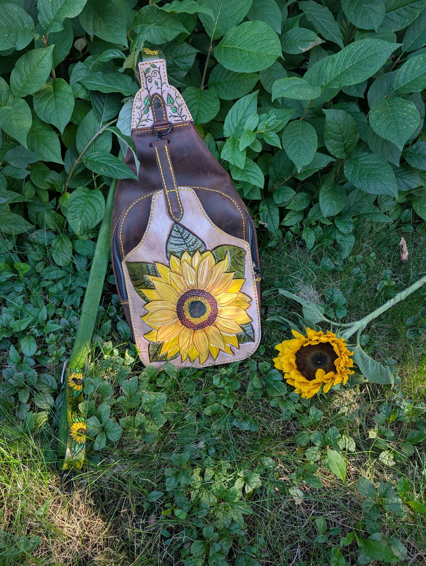Custom order for A. - Handmade Leather Sunflower Slingbag - Hand painted and Hand Tooled - Full Grain Leather