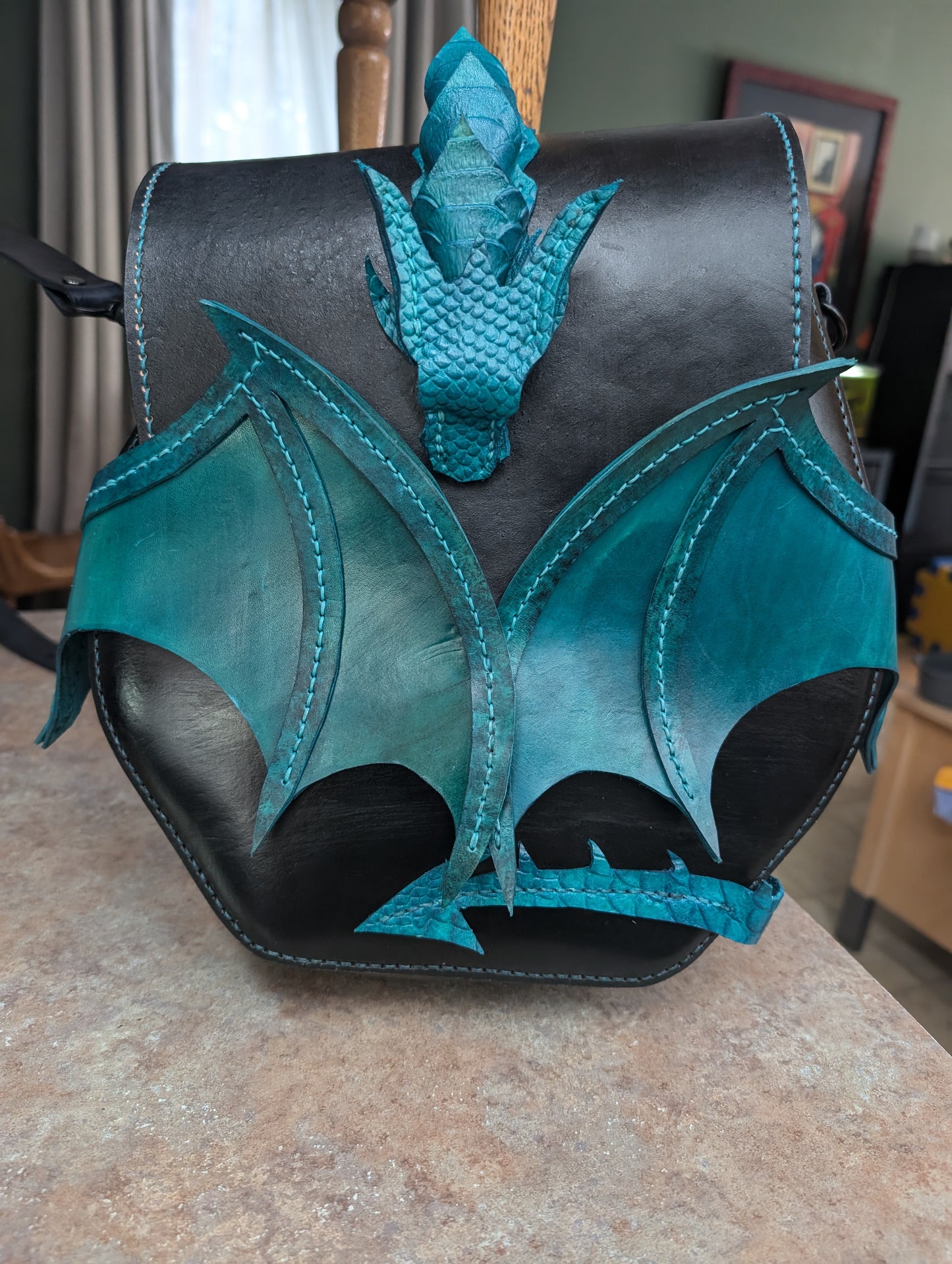 Handmade Leather Turquoise and Black Dragon Crossbody Bag (Full Grain Leather & Handmade in Canada)
