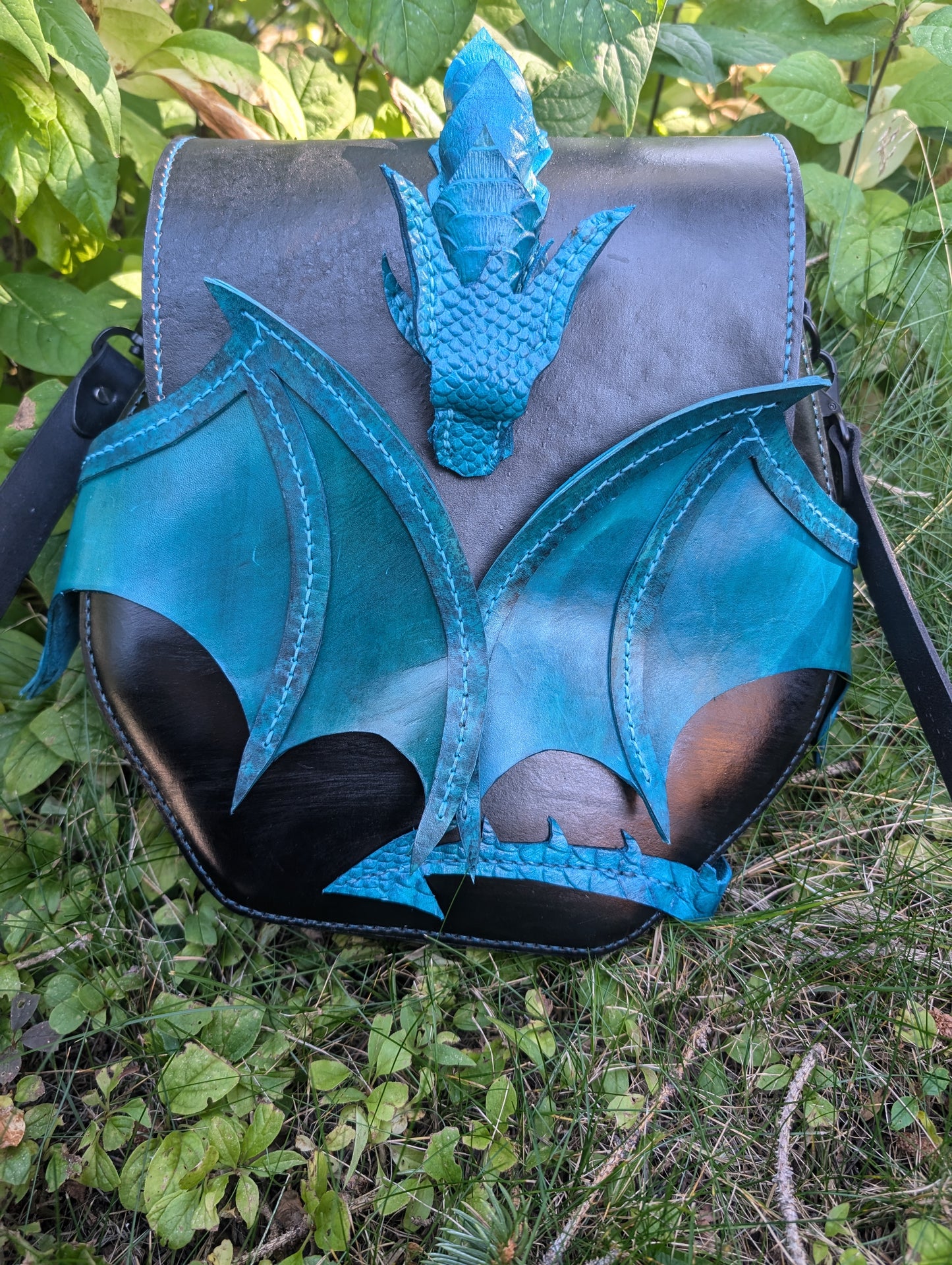 Handmade Leather Turquoise and Black Dragon Crossbody Bag (Full Grain Leather & Handmade in Canada)