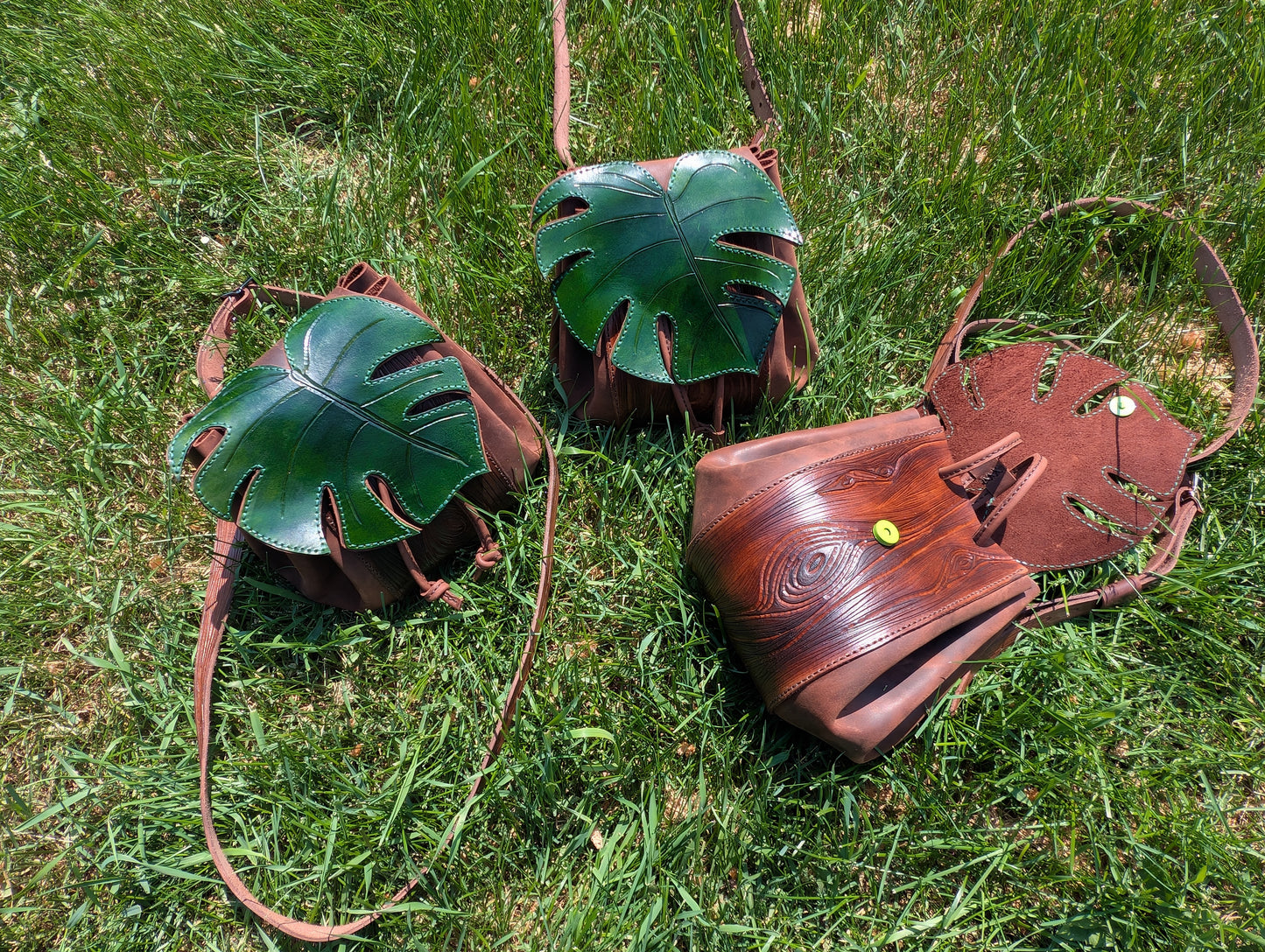 Handmade Leather Monstera Leaf Crossbody Purse (Full Grain Leather & Tooled Wood Grain Details) - Handmade in Canada