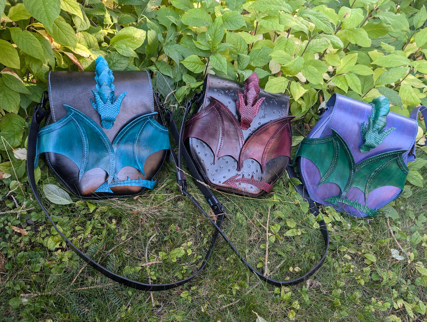 π²π² Handmade Leather Turquoise and Black Dragon Crossbody Bag (FULL GRAIN) π²π²