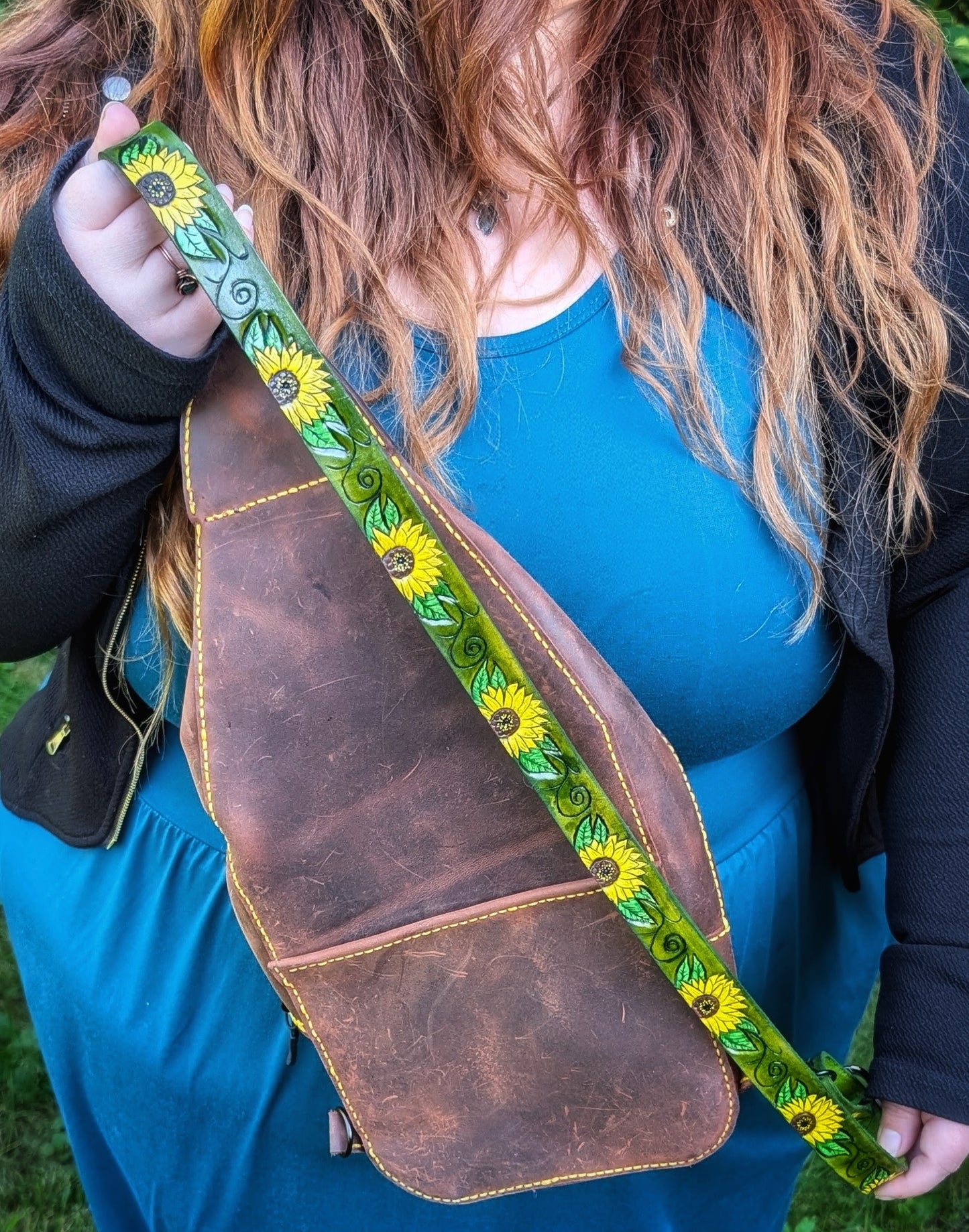 Custom order for A. - Handmade Leather Sunflower Slingbag - Hand painted and Hand Tooled - Full Grain Leather