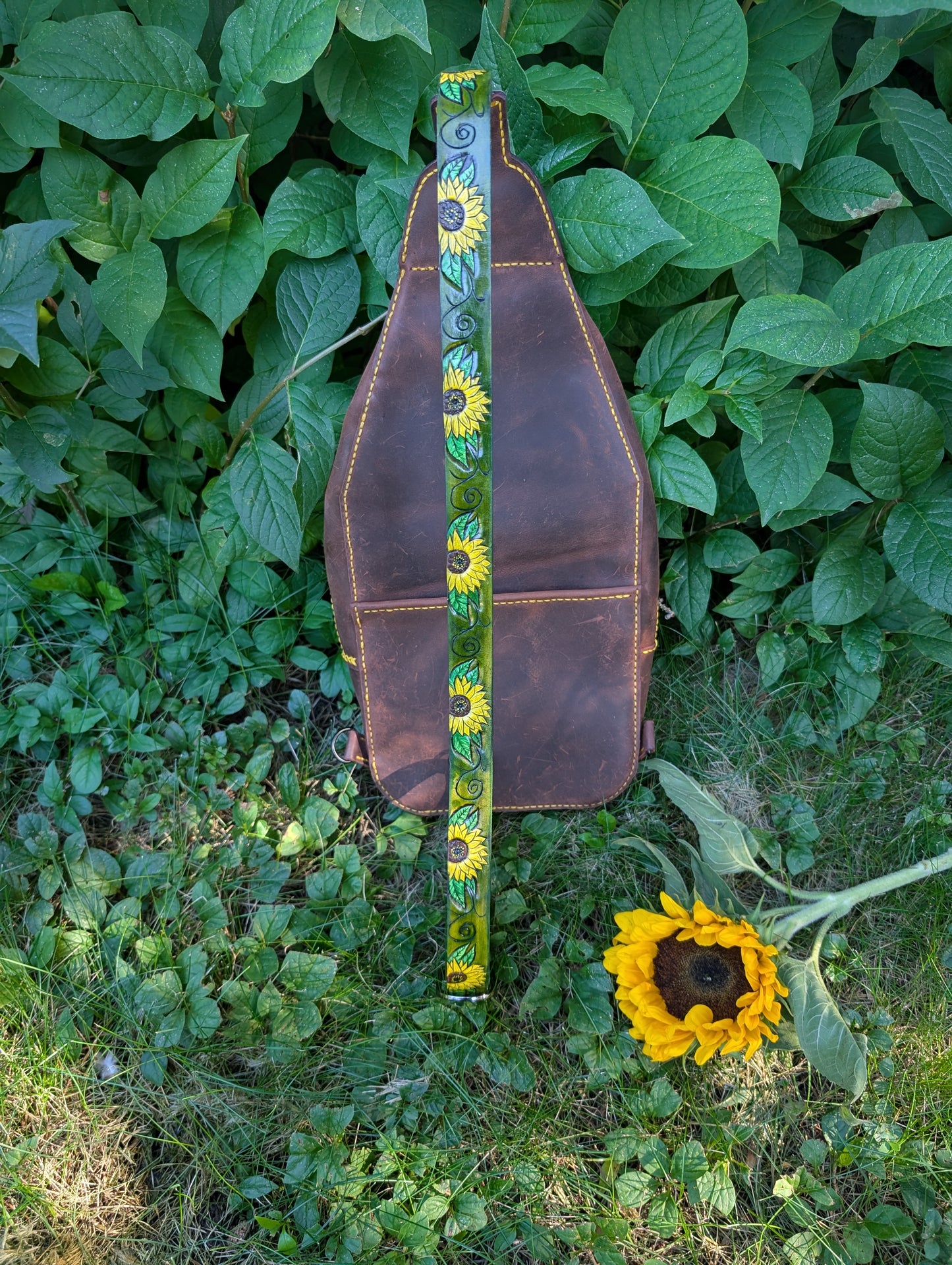 Custom order for A. - Handmade Leather Sunflower Slingbag - Hand painted and Hand Tooled - Full Grain Leather