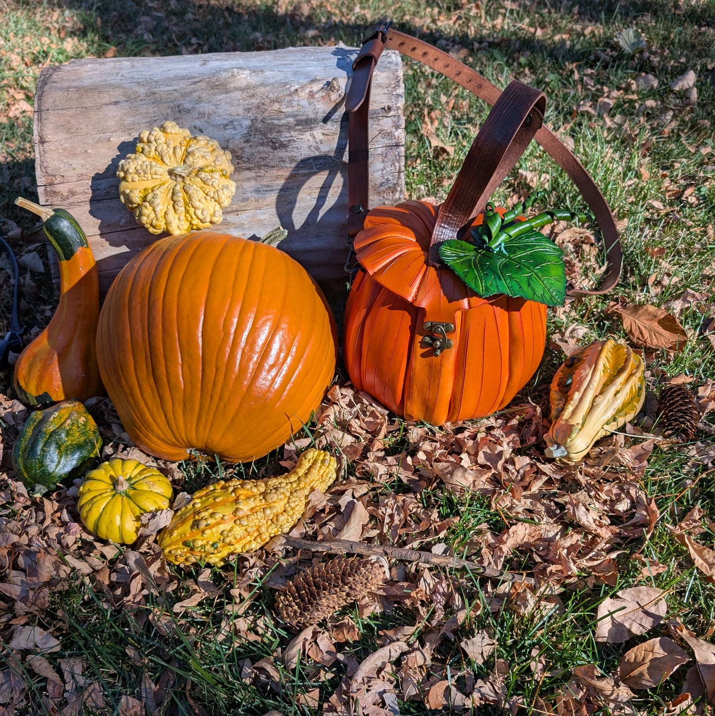 LARGE Handmade Leather Pumpkin Crossbody Bag and Belt Bag Hybrid - Full Grain Leather - Handmade in Canada - Brown Stem