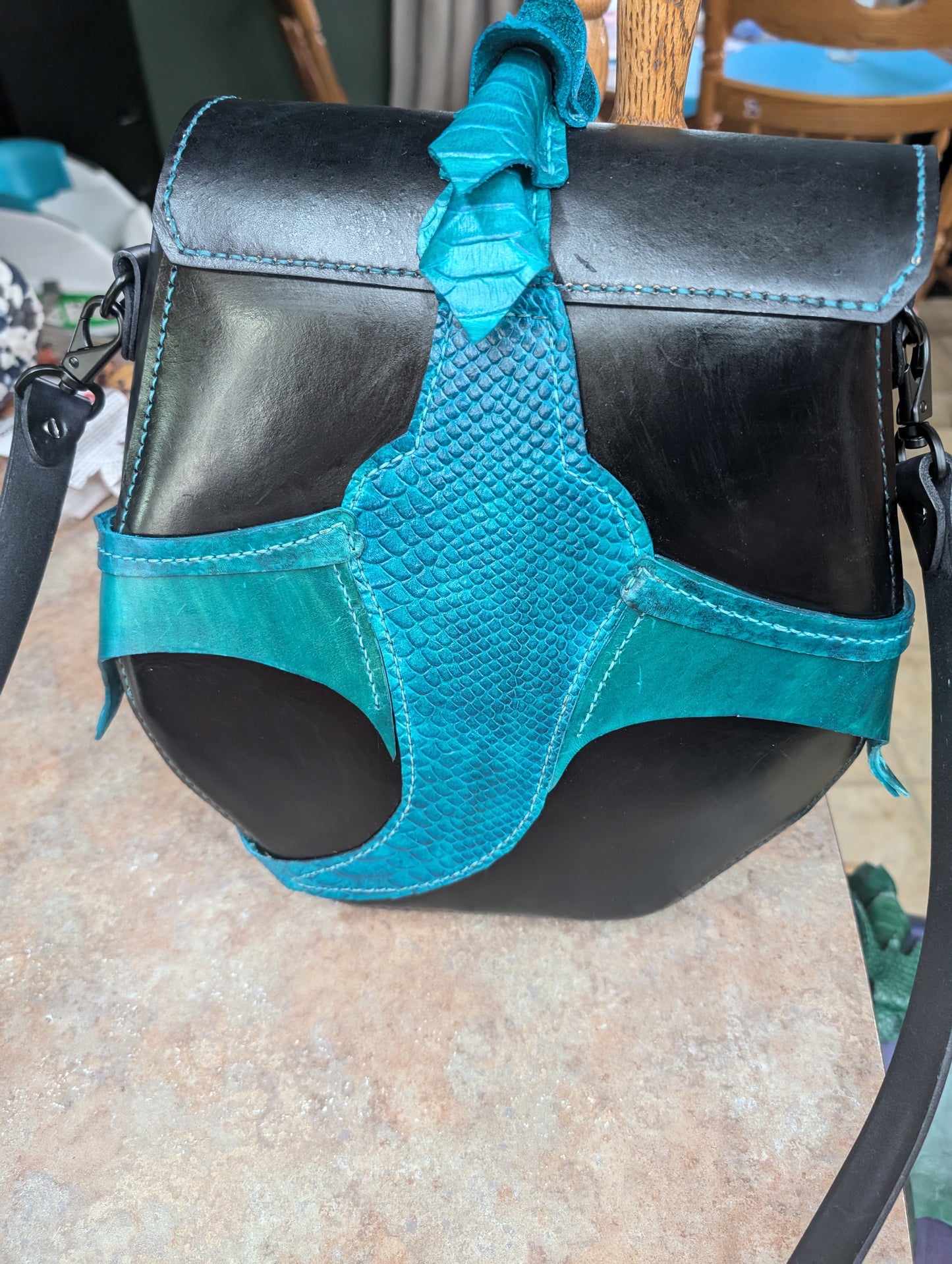 π²π² Handmade Leather Turquoise and Black Dragon Crossbody Bag (FULL GRAIN) π²π²