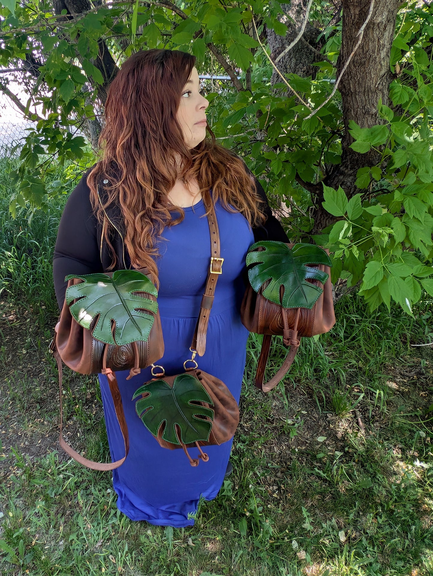 Handmade Leather Monstera Leaf Crossbody Purse (Full Grain Leather & Tooled Wood Grain Details) - Handmade in Canada