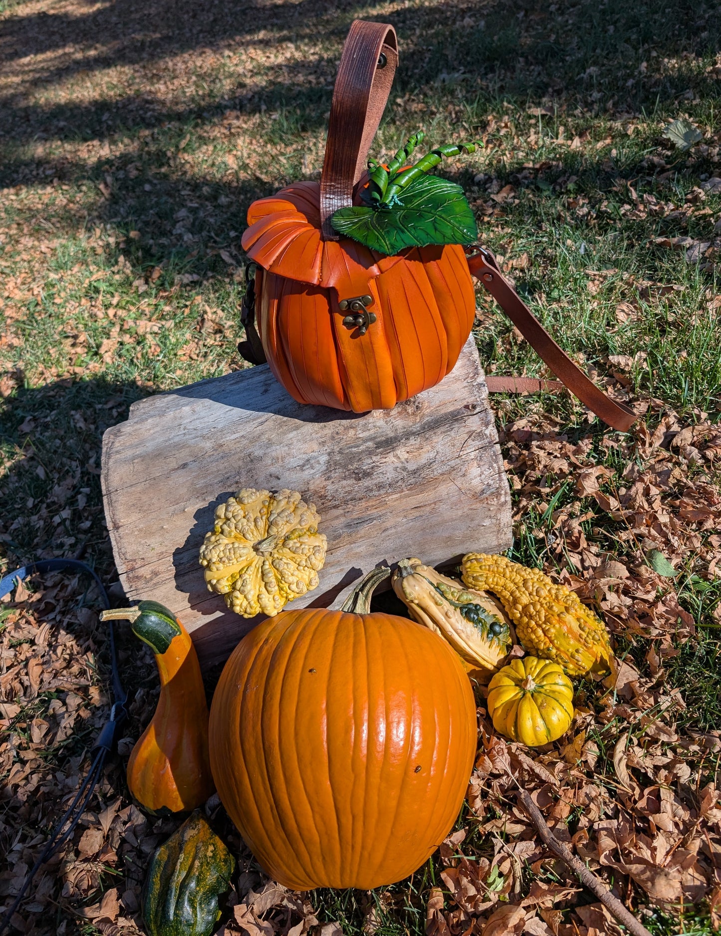 LARGE Handmade Leather Pumpkin Crossbody Bag and Belt Bag Hybrid - Full Grain Leather - Handmade in Canada - Brown Stem