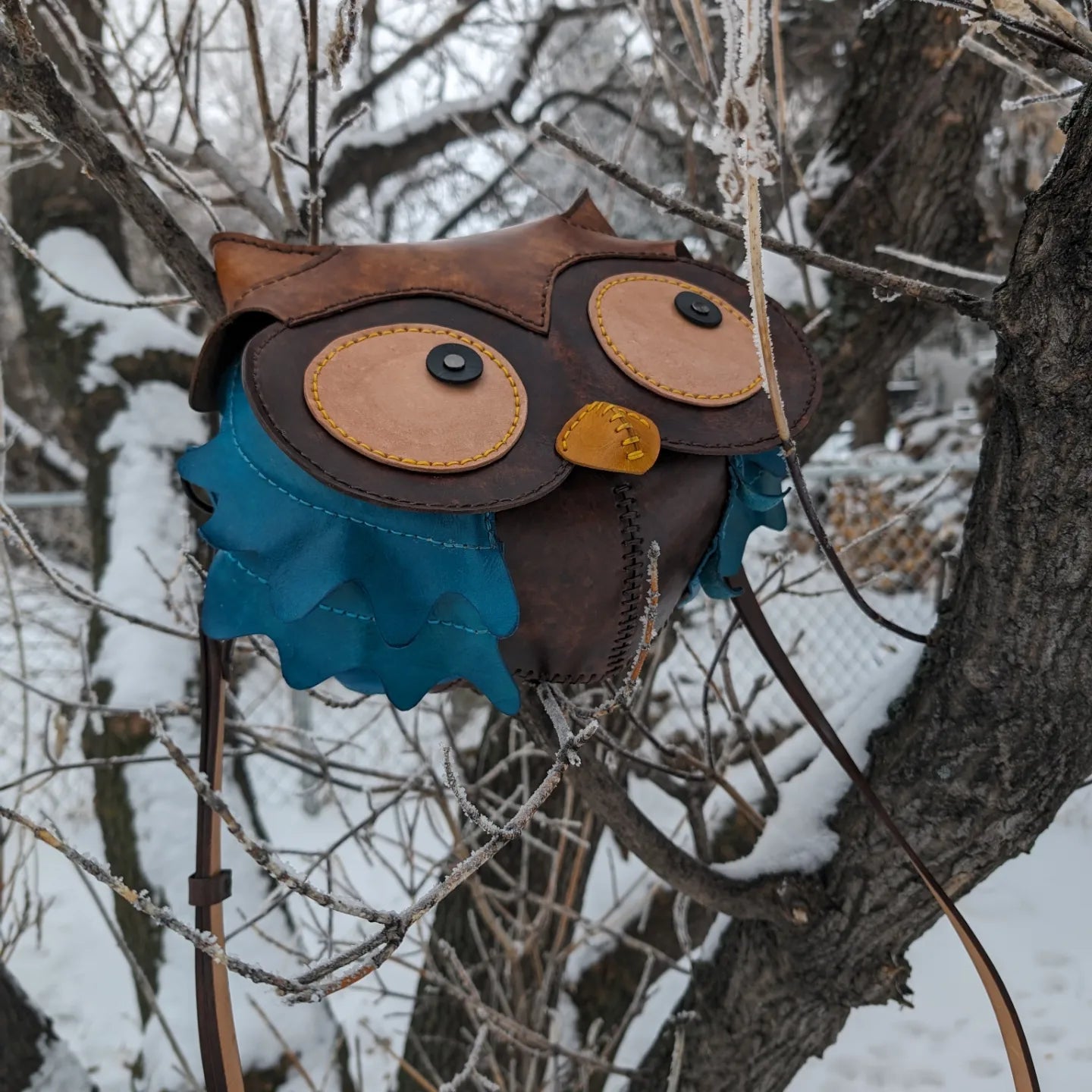 HANDMADE Leather Owl Crossbody Purse