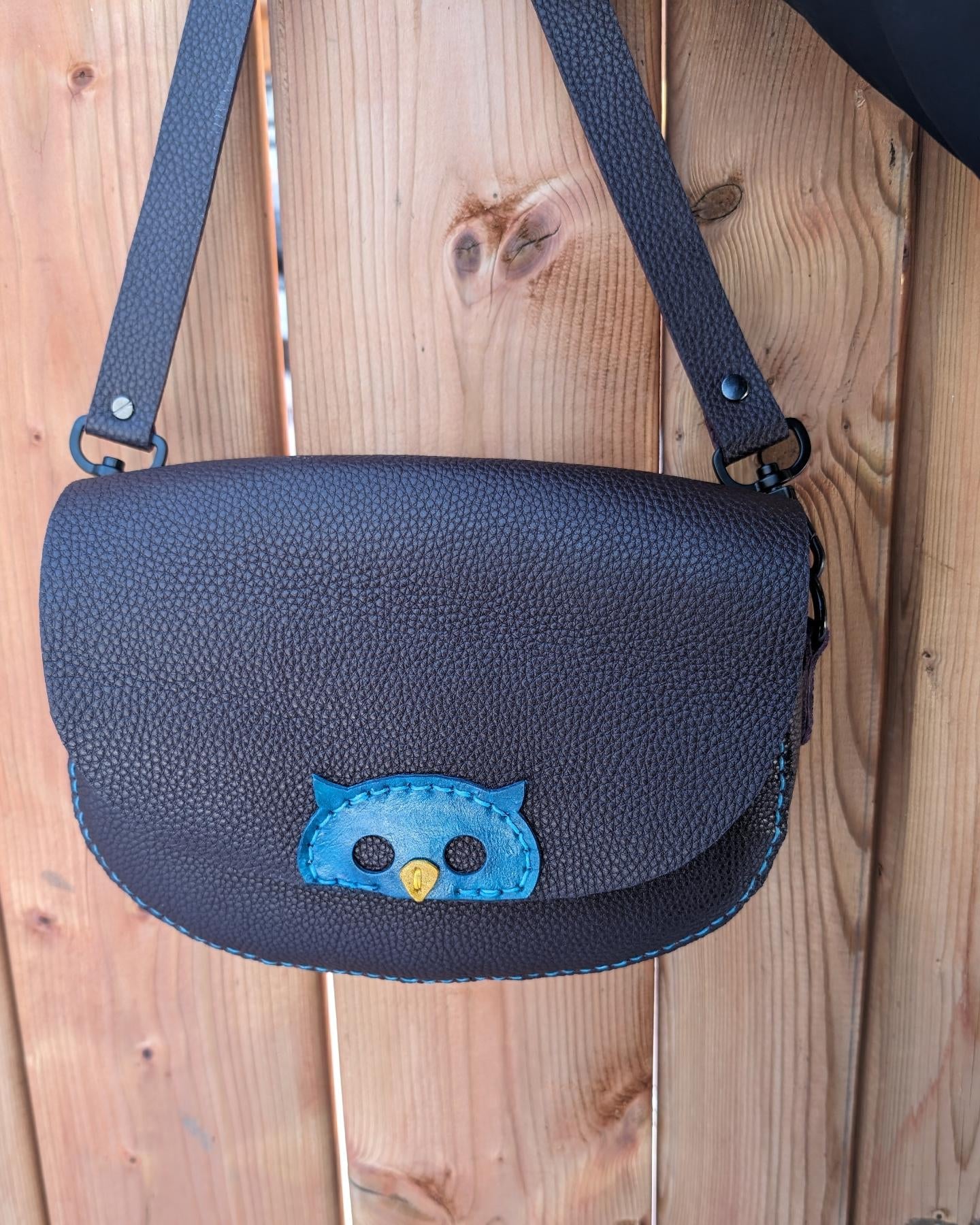 HANDMADE Pebbled Leather Owl crossbody purse