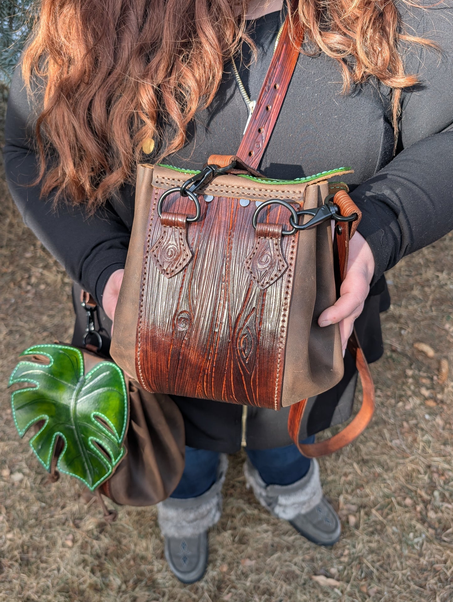 Handmade Leather Begonia Maculata Leaf Crossbody Purse (Full Grain & Tooled Wood Grain) - Handmade in Canada