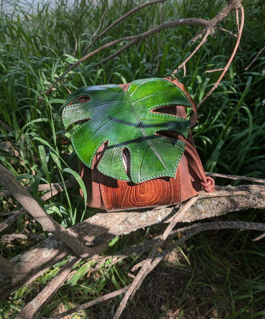 Handmade Leather Monstera Leaf Crossbody Purse (Full Grain Leather & Tooled Wood Grain Details) - Handmade in Canada