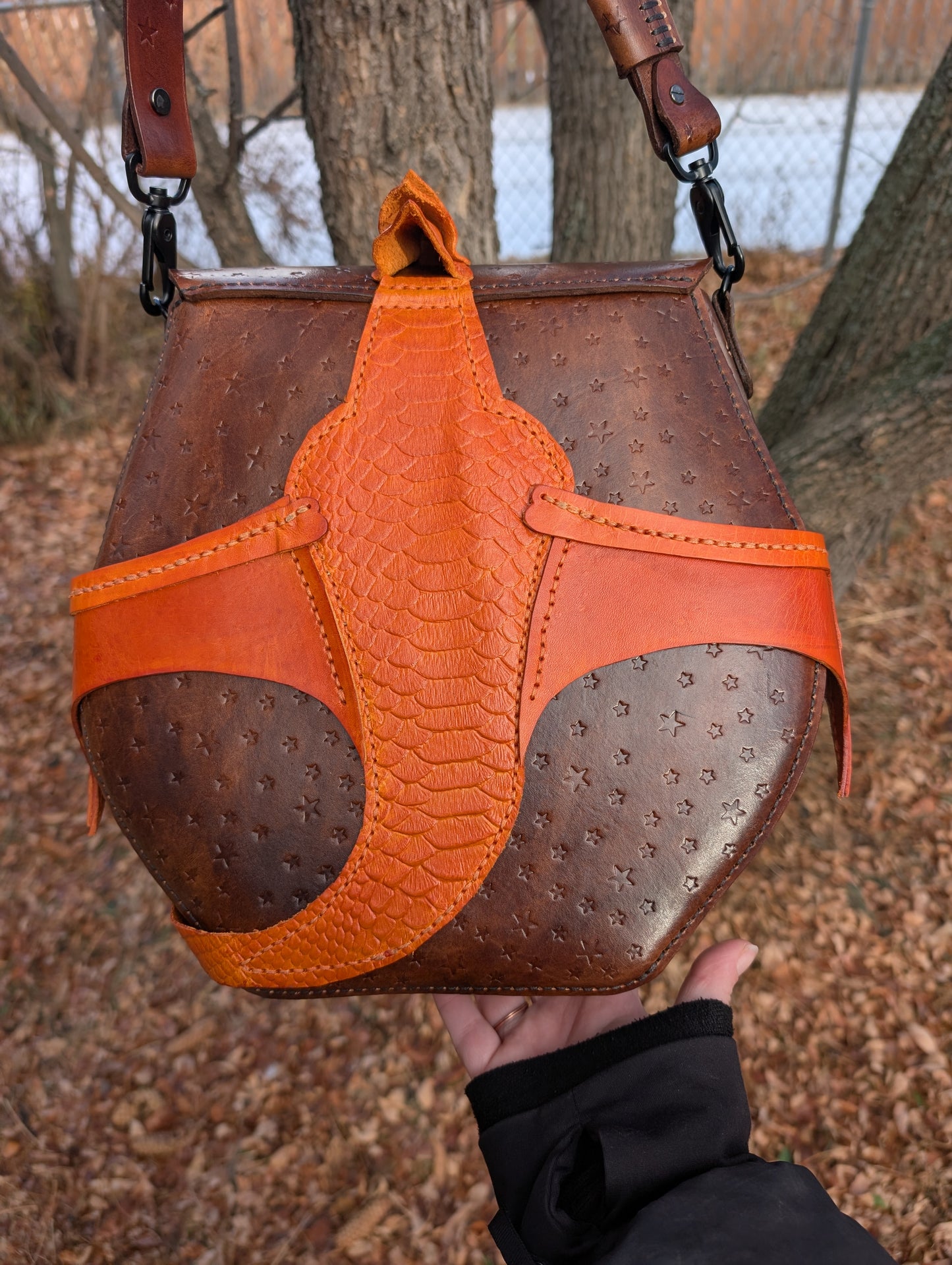Handmade Leather Orange & Brown Star Embossed Dragon Crossbody Purse (Full Grain Leather & Handmade in Canada))