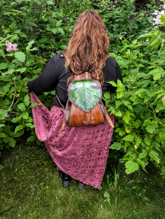 Handmade Leather Oak Leaf Backpack ~ Full Grain Leather & hand tooled - Made in Canada