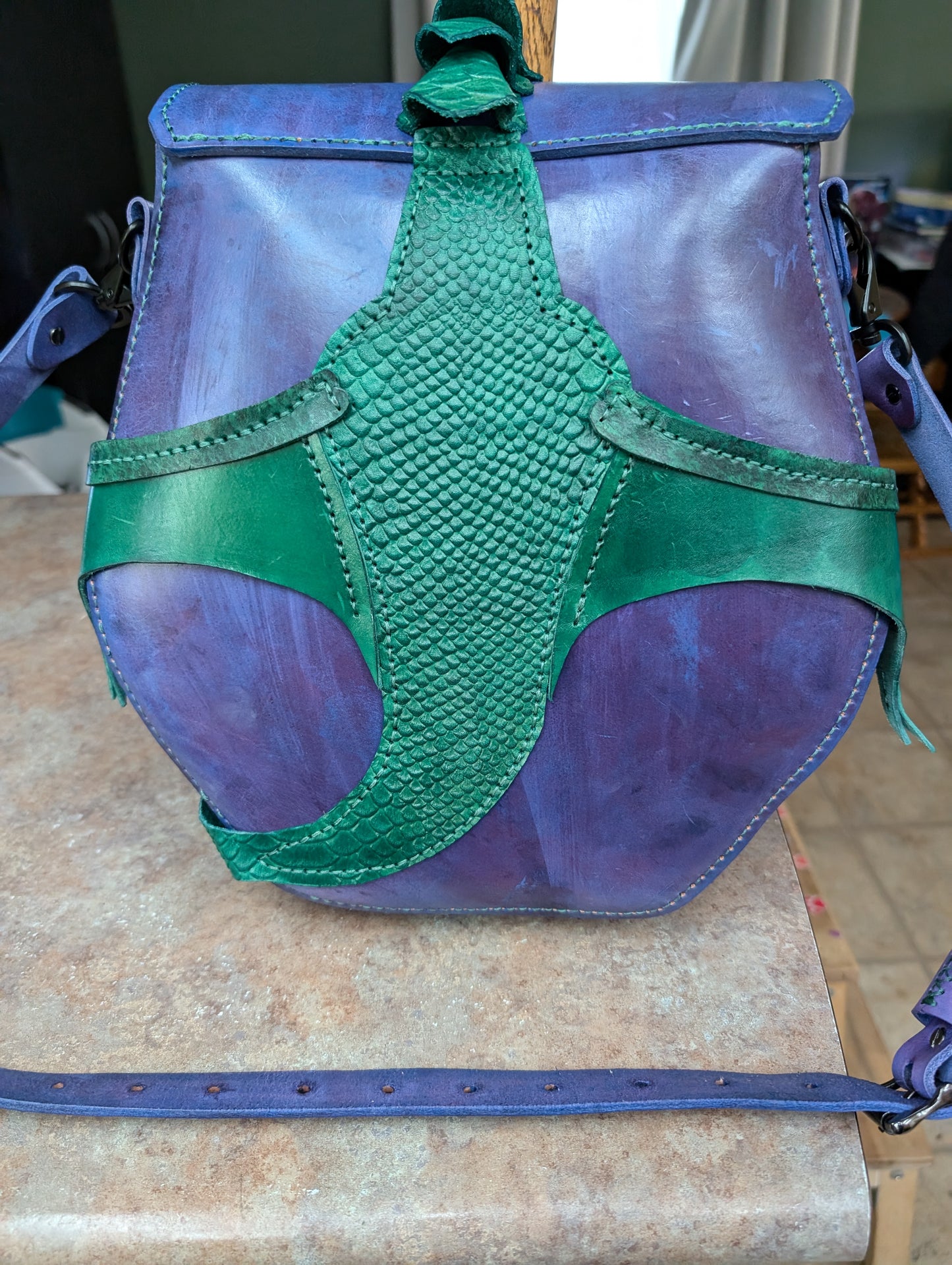 Handmade Leather Jade and Bluish Purple Embossed Dragon Crossbody Bag (FULL GRAIN)