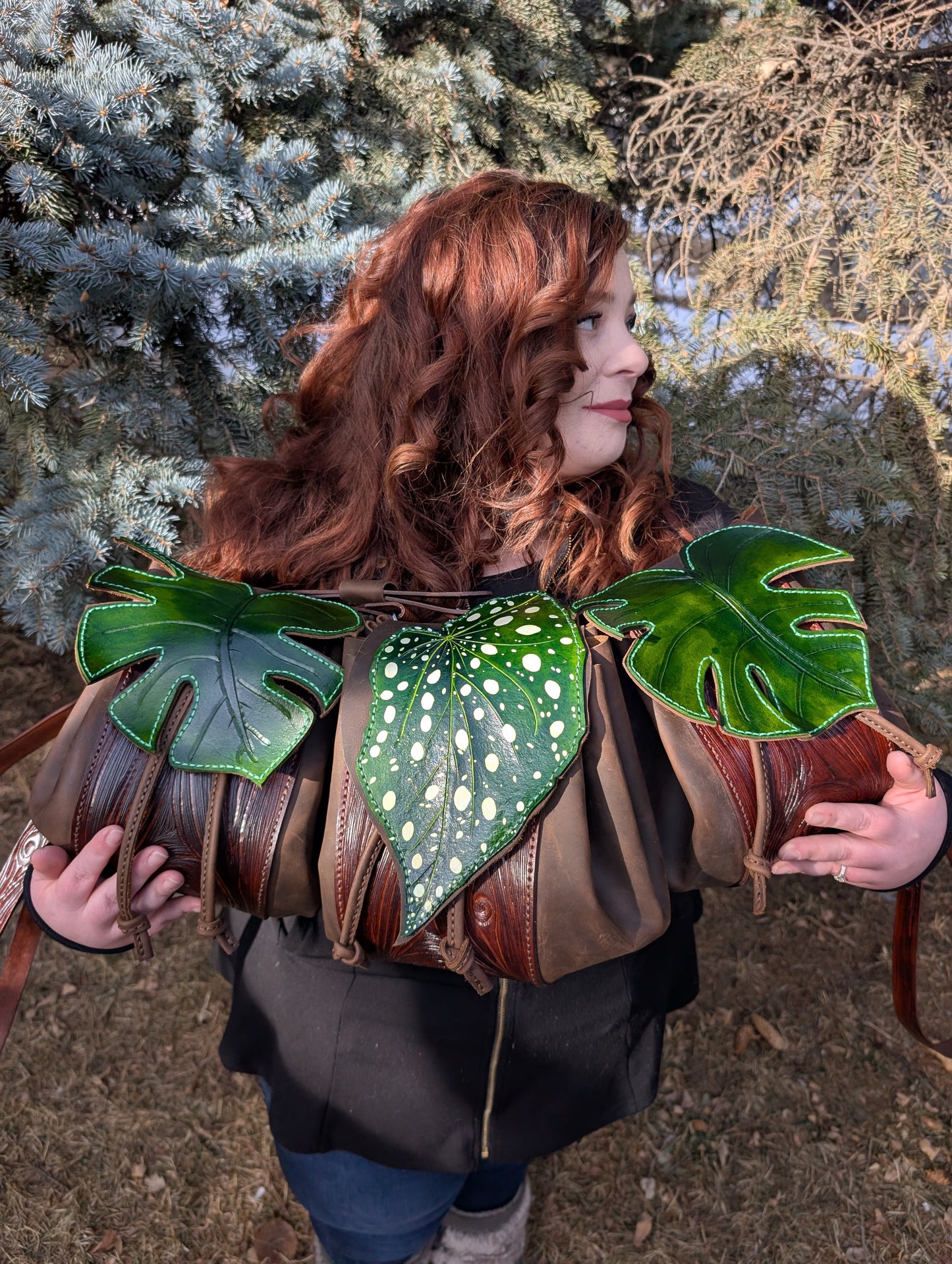 Handmade Leather Begonia Maculata Leaf Crossbody Purse (Full Grain & Tooled Wood Grain) - Handmade in Canada