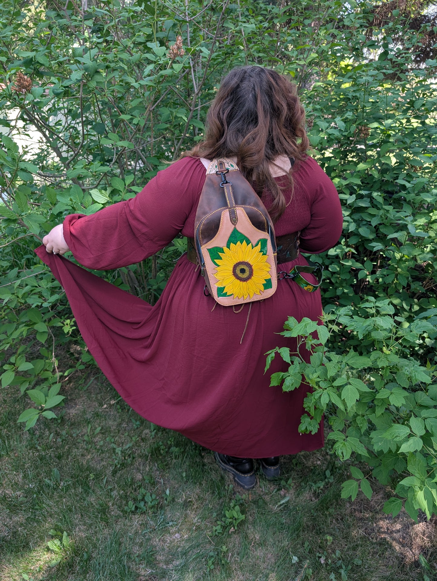 Handmade Leather Sunflower Slingbag  -Hand tooled and painted -Full Grain Leather -