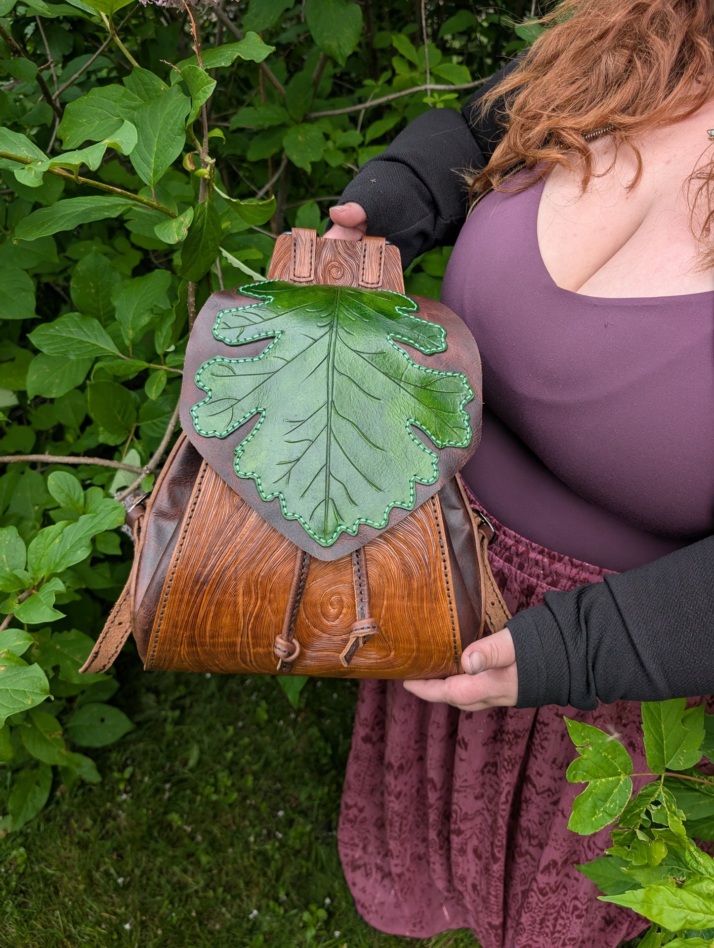 Handmade Leather Oak Leaf Backpack ~ Full Grain Leather & hand tooled - Made in Canada