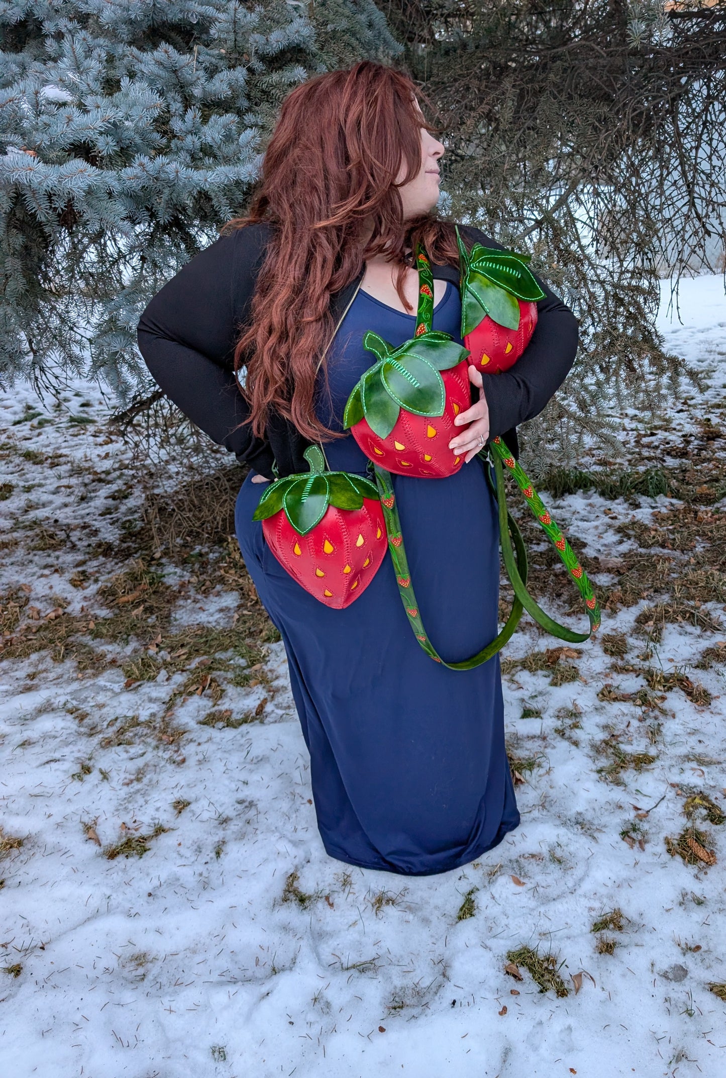 Handmade Leather Strawberry Crossbody Purse with custom tooled and painted strap - Full Grain Leather - Handmade in Canada