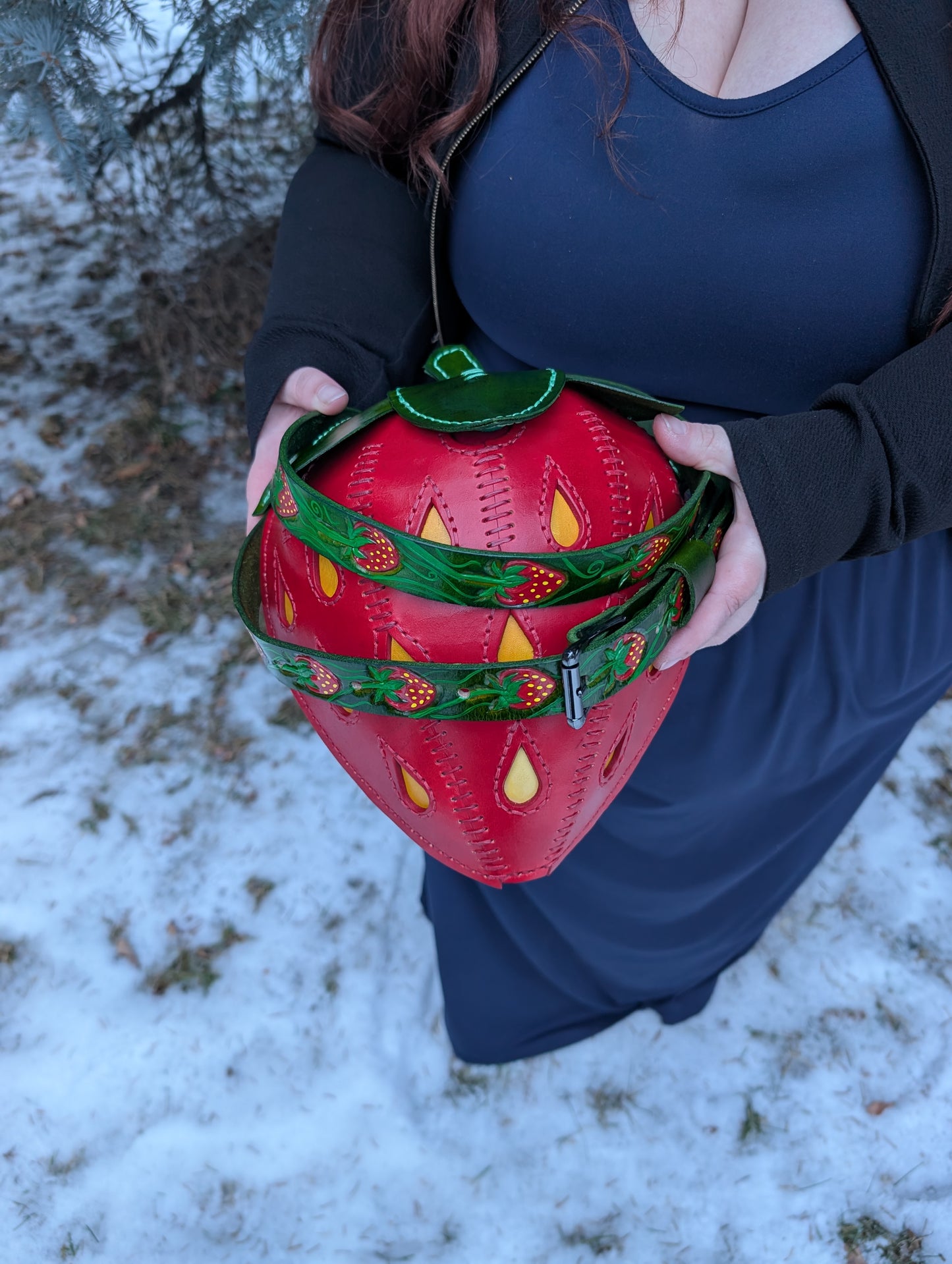 Handmade Leather Strawberry Crossbody Purse with custom tooled and painted strap - Full Grain Leather - Handmade in Canada
