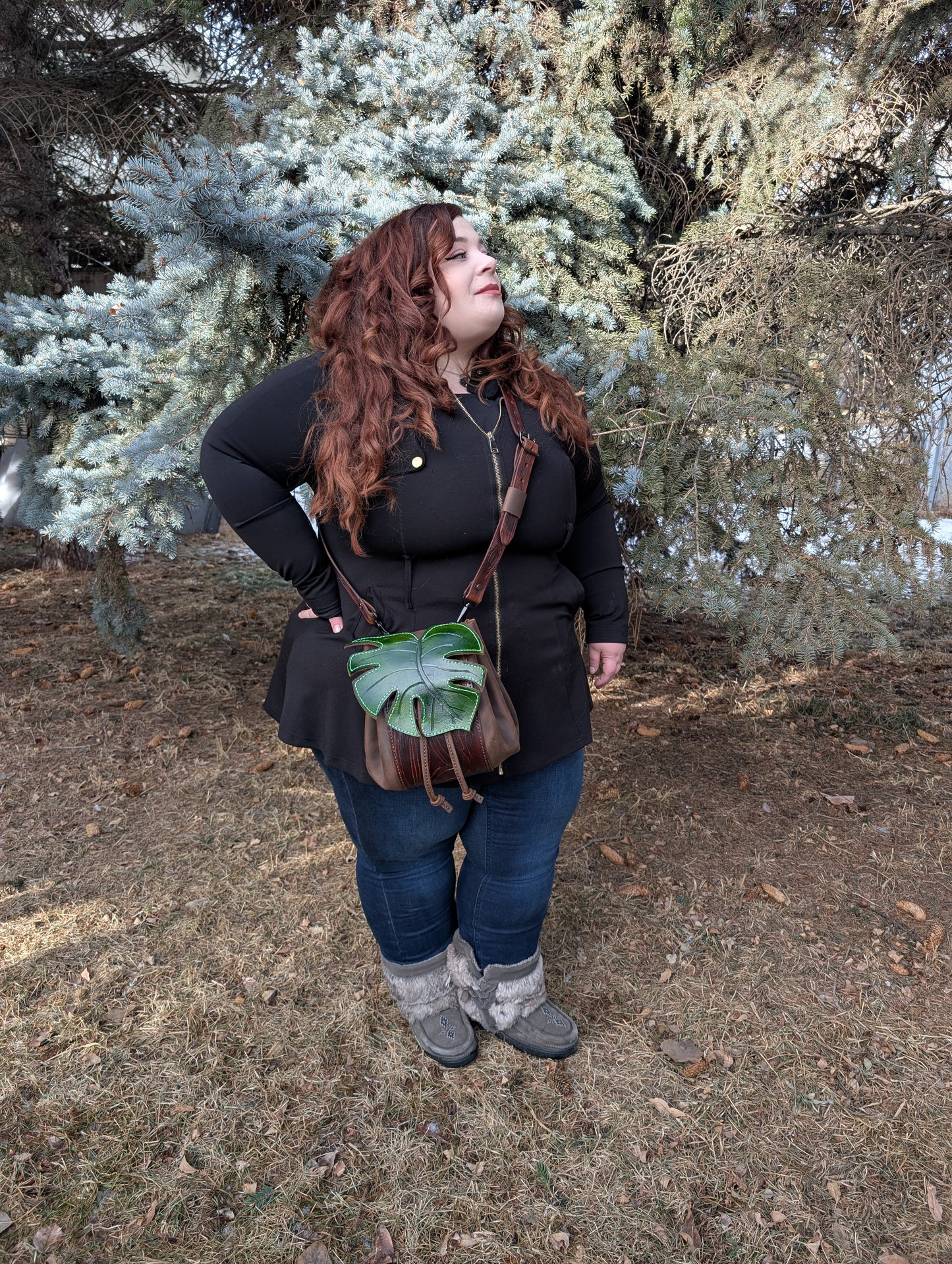 Handmade Leather Monstera Leaf Crossbody Purse (Full Grain Leather & Tooled Wood Grain Details) - Handmade in Canada