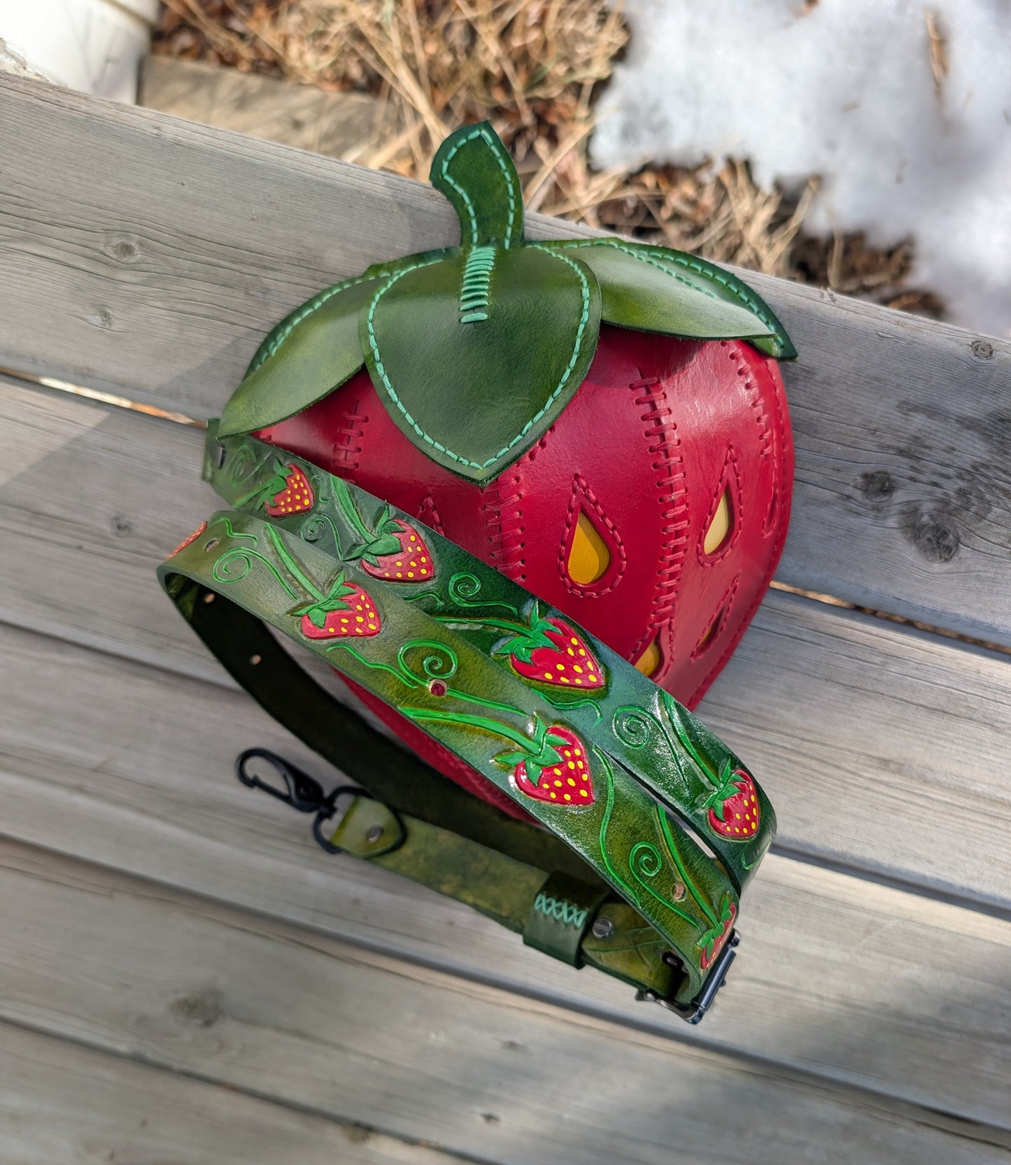 Handmade Leather Strawberry Crossbody Purse with custom tooled and painted strap - Full Grain Leather - Handmade in Canada