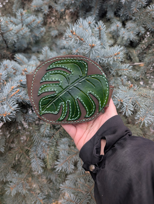 Handmade Full Grain Leather Monstera Wallet - Handmade in Canada (Brown version)