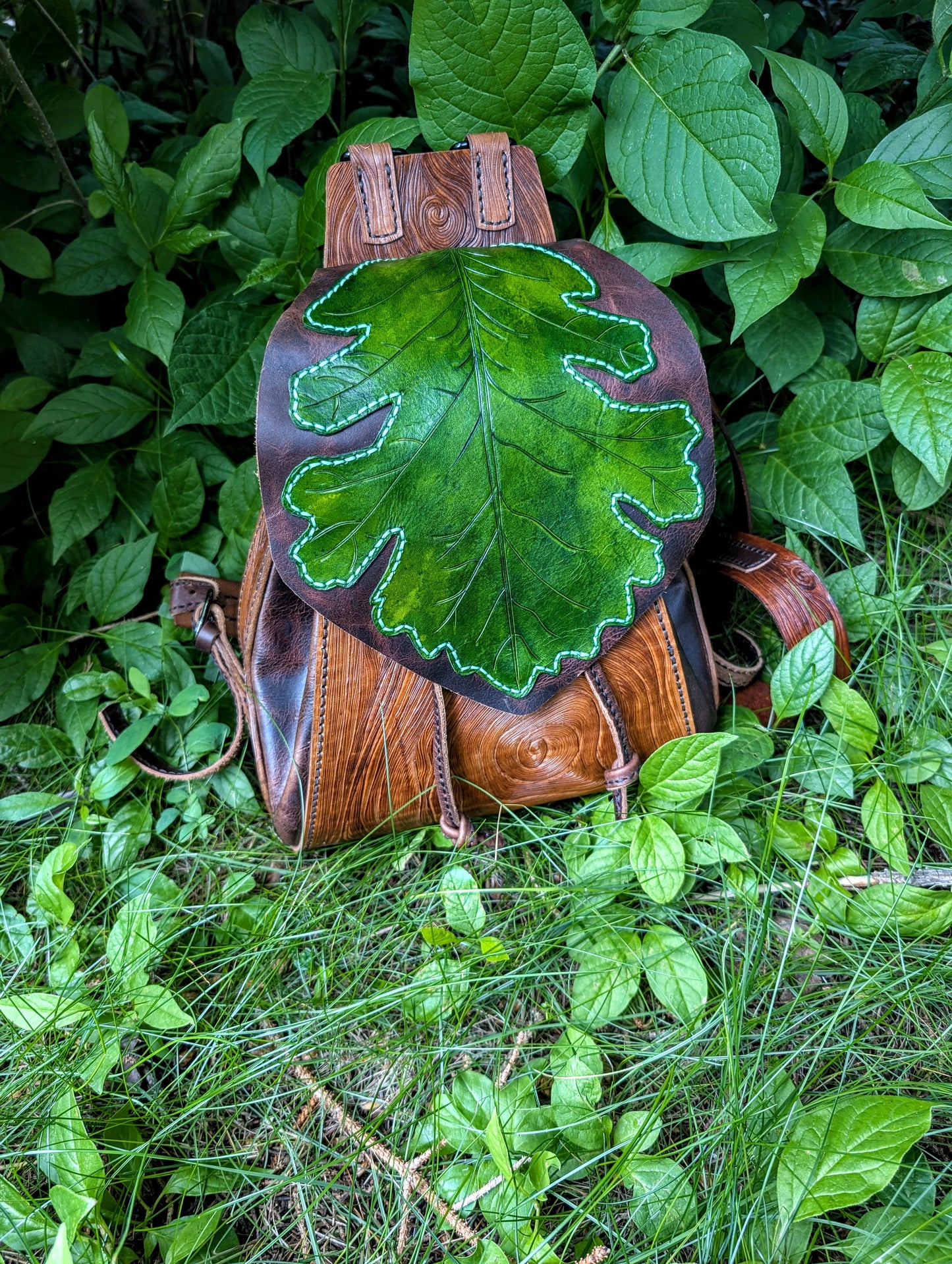 Handmade Leather Oak Leaf Backpack ~ Full Grain Leather & hand tooled - Made in Canada