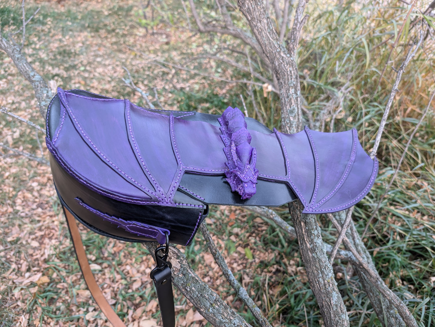 🐉 HANDMADE LEATHER WING FLAP PURPLE AND BLACK DRAGON BAG