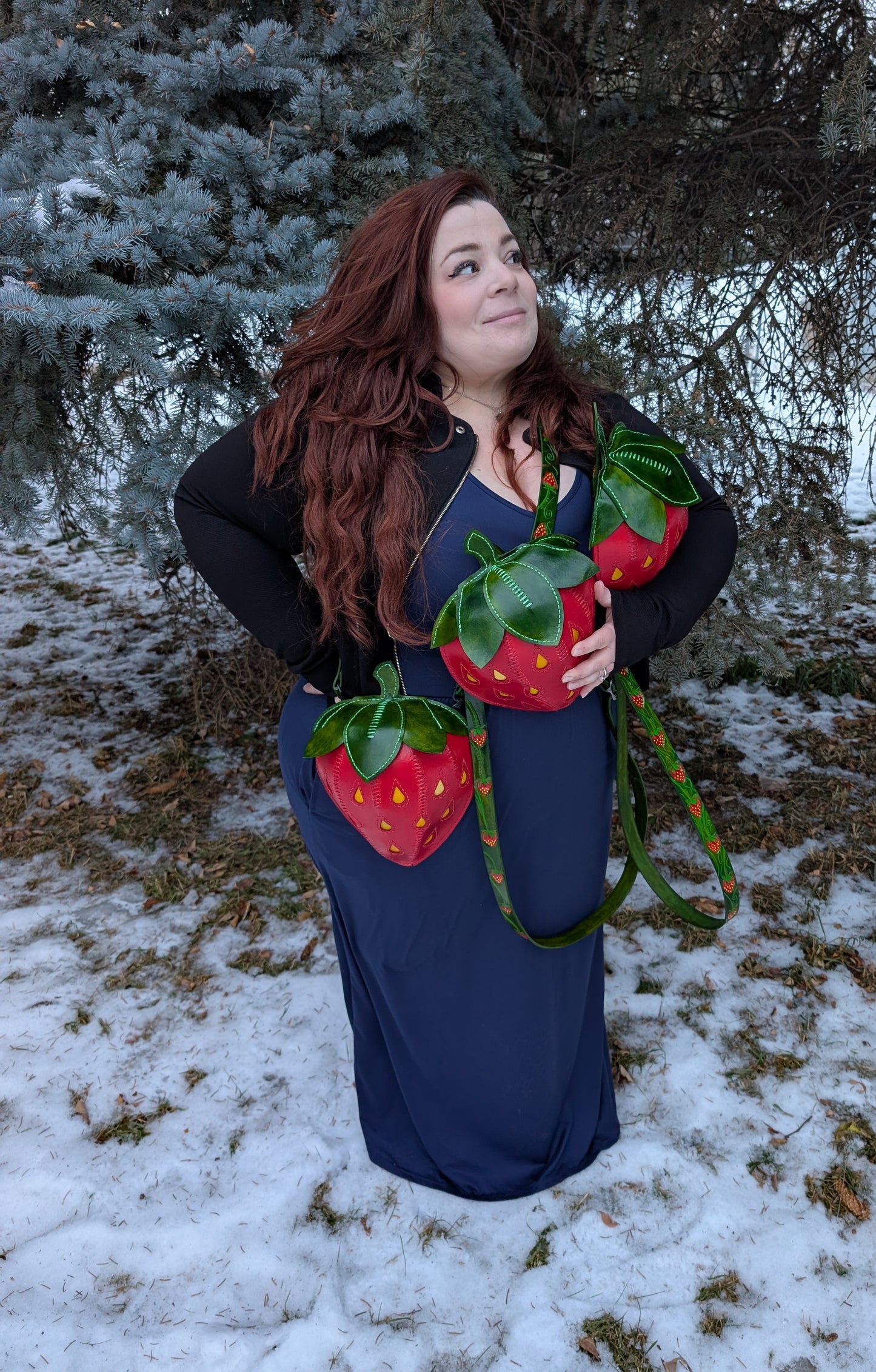 Handmade Leather Strawberry Crossbody Purse with custom tooled and painted strap - Full Grain Leather - Handmade in Canada