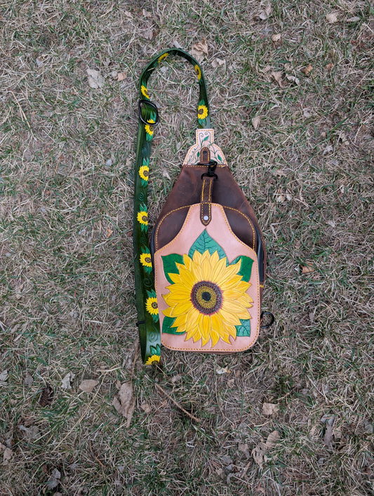 Handmade Leather Sunflower Slingbag  -Hand tooled and painted -Full Grain Leather -
