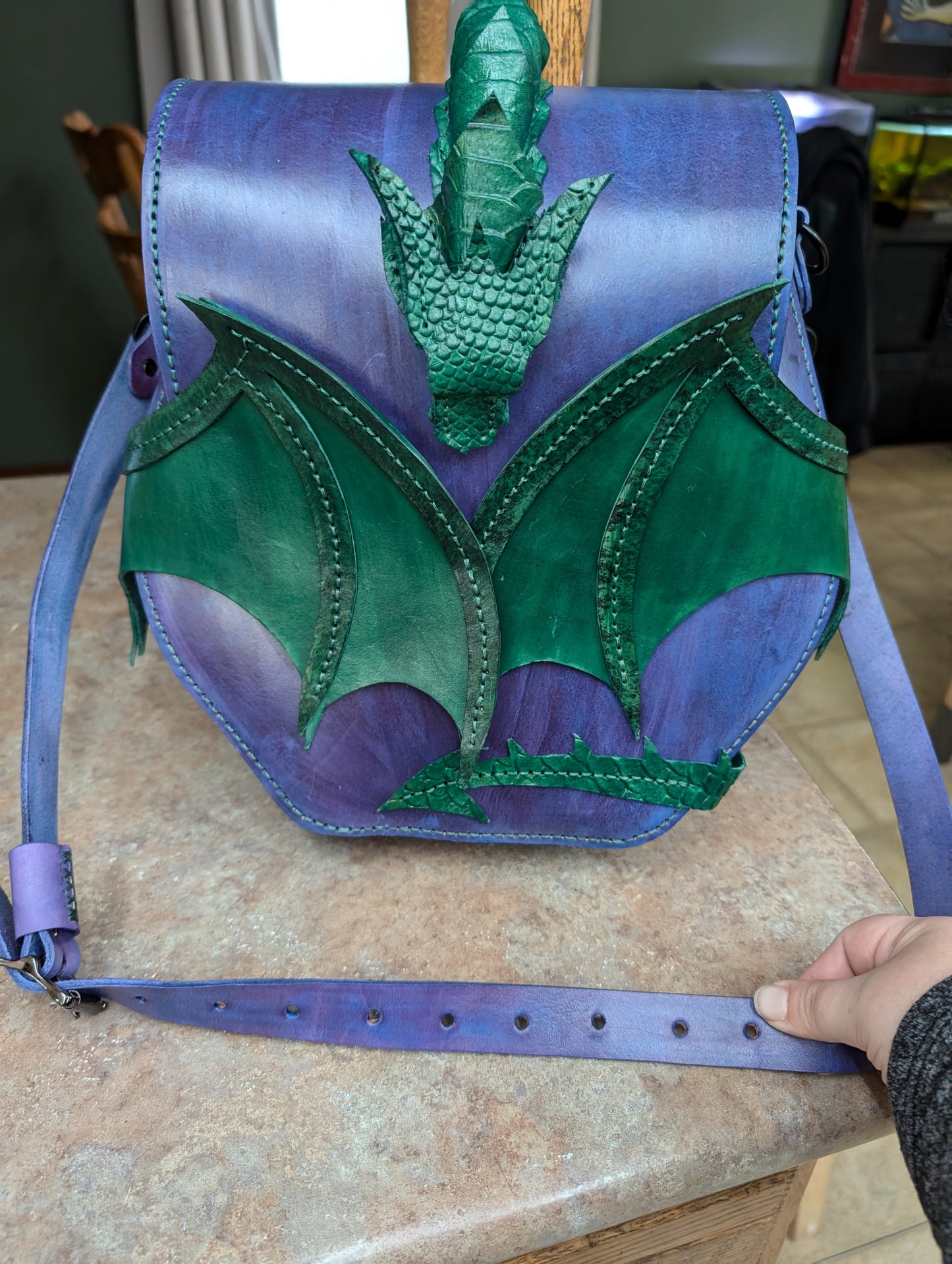 Handmade Leather Jade and Bluish Purple Embossed Dragon Crossbody Bag (FULL GRAIN)