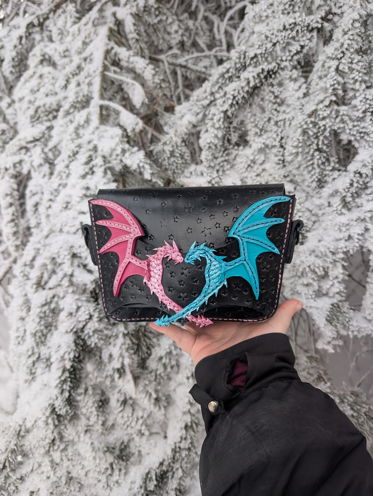 Duality Dragons Crossbody & Clutch/Purse - Pink and Turquoise (Full Grain Leather & Handcrafted in Canada.)