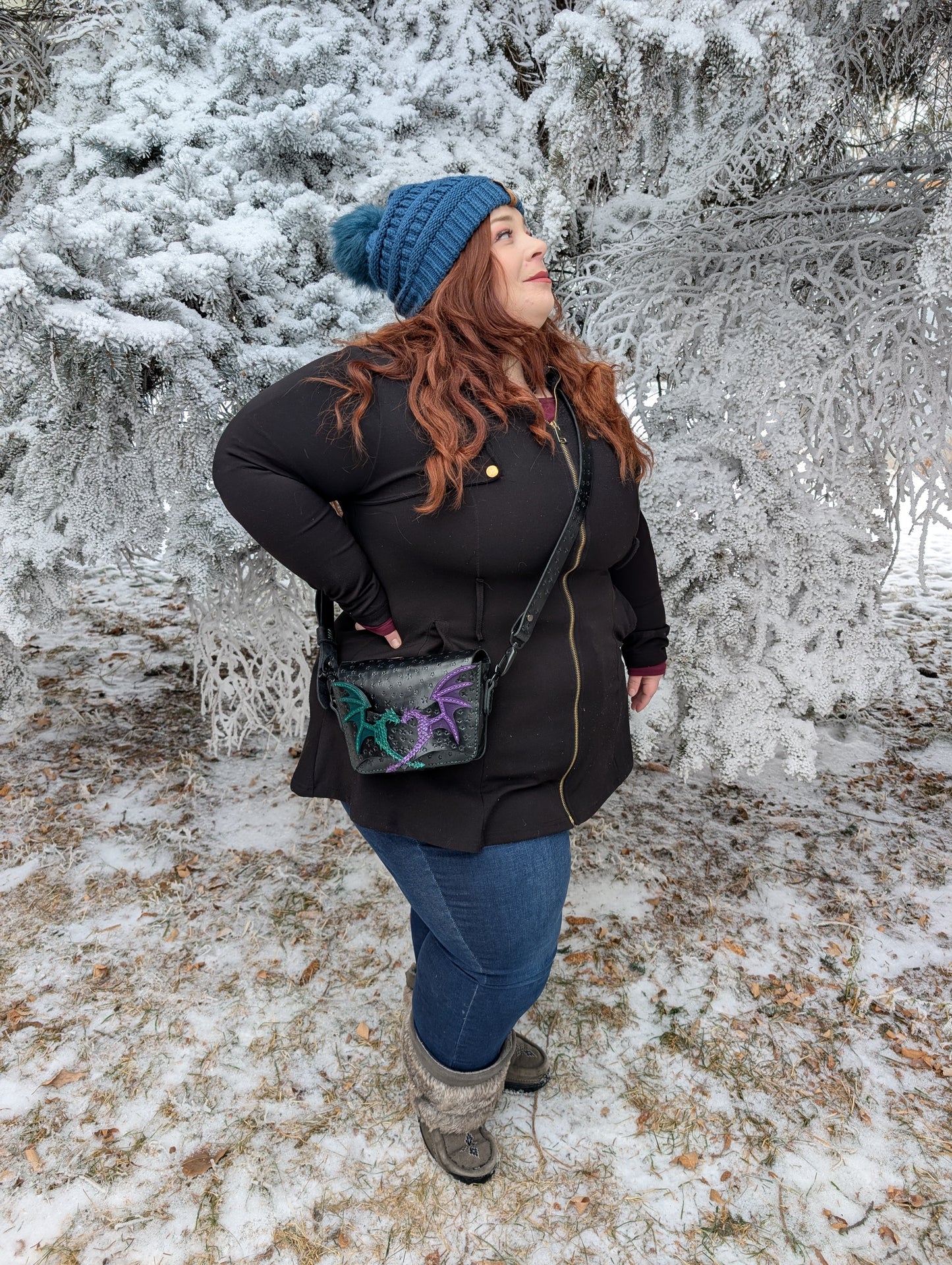 Duality Dragons Crossbody & Clutch/Purse - Green and Purple (Full Grain Leather & Handcrafted in Canada.)
