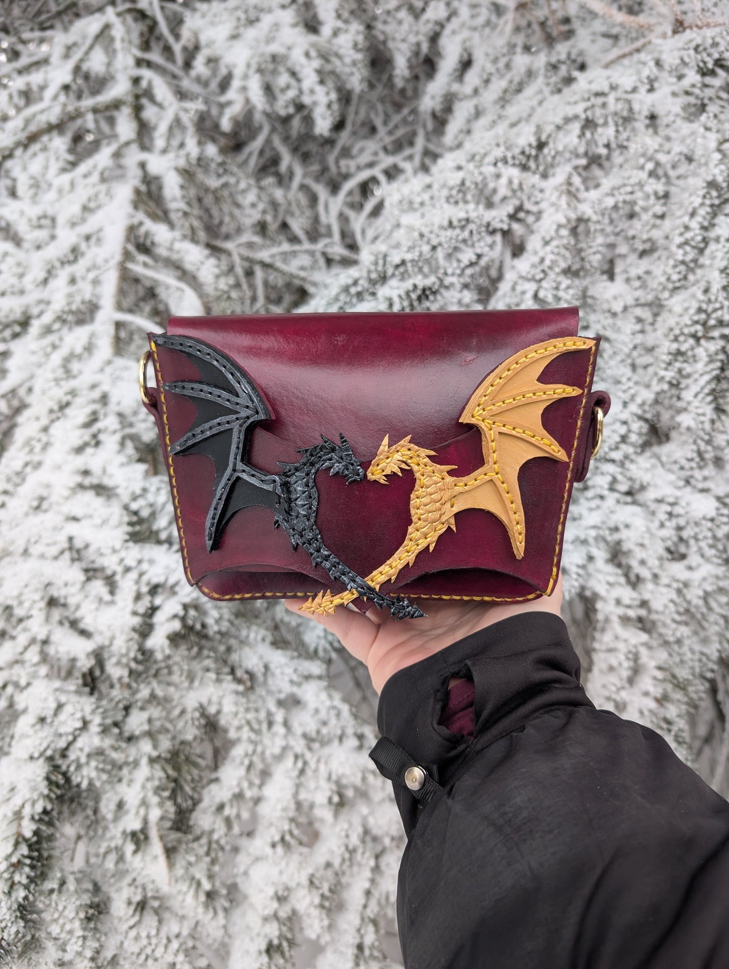 Duality Dragons Crossbody & Clutch/ Purse - Black and Gold Dragons (Full Grain Leather & Handcrafted in Canada.)