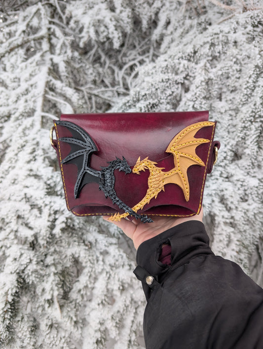 Duality Dragons Crossbody & Clutch/ Purse - Black and Gold Dragons (Full Grain Leather & Handcrafted in Canada.)