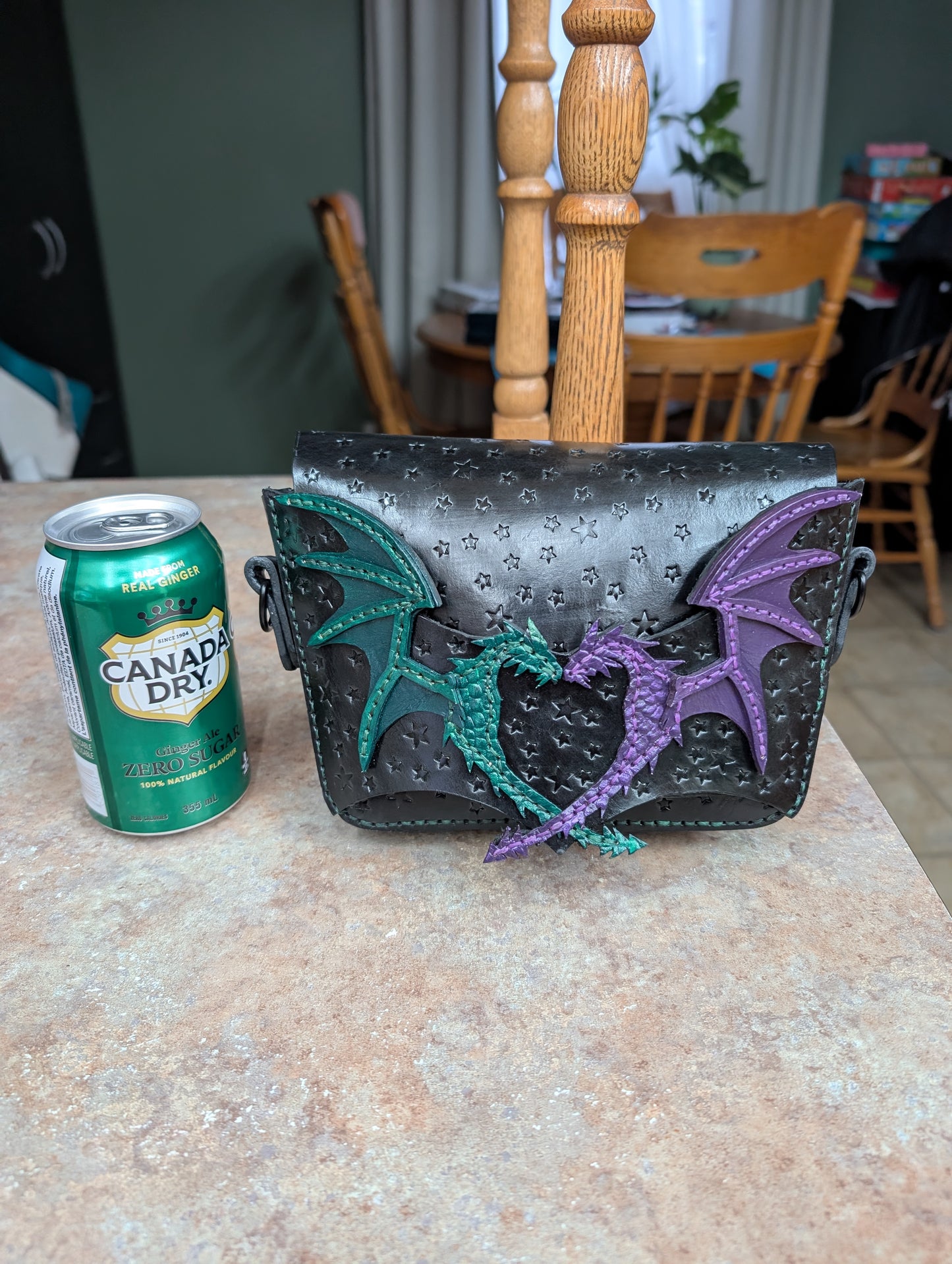 Duality Dragons Crossbody & Clutch/Purse - Green and Purple (Full Grain Leather & Handcrafted in Canada.)