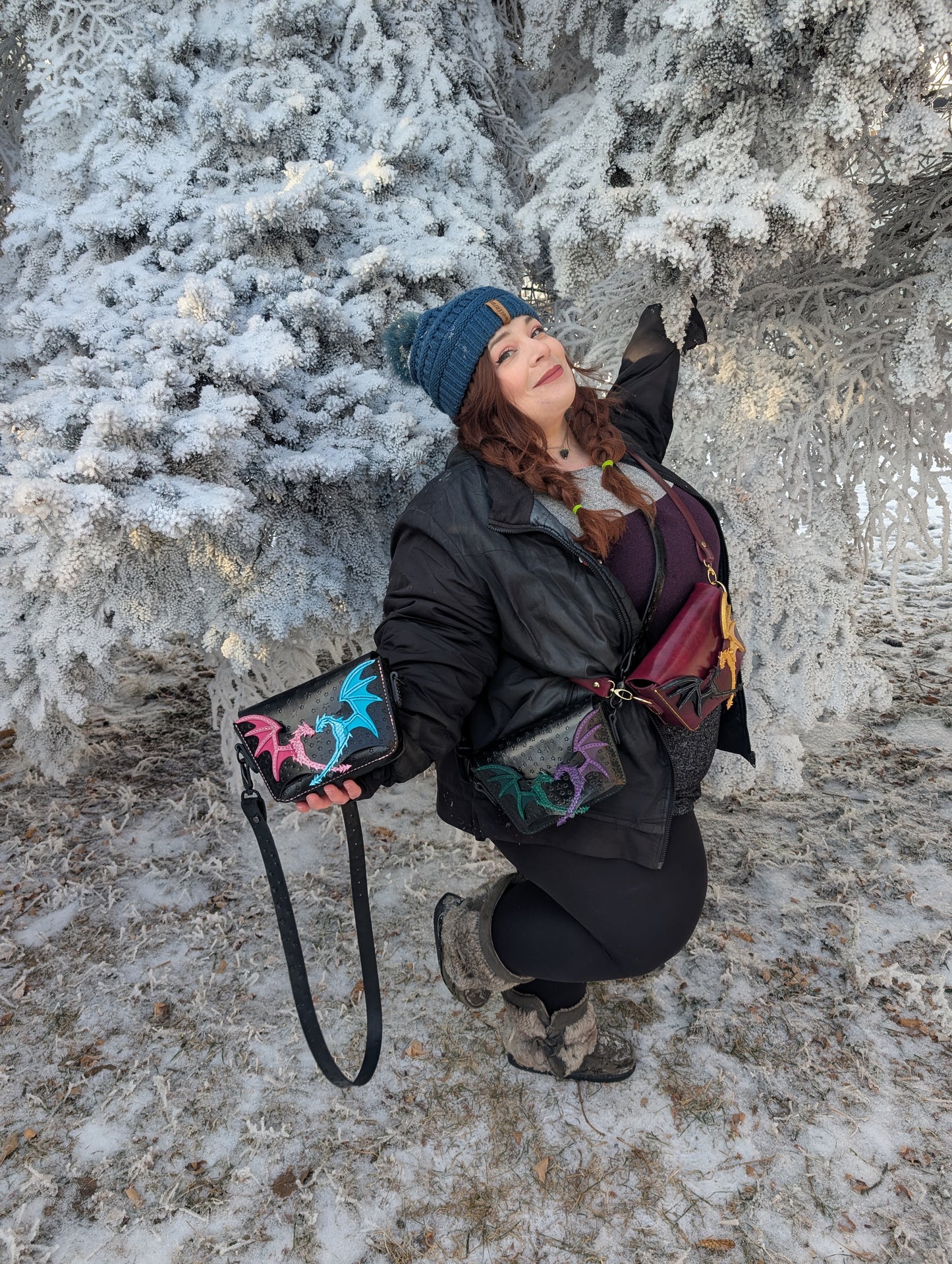 Duality Dragons Crossbody & Clutch/Purse - Pink and Turquoise (Full Grain Leather & Handcrafted in Canada.)