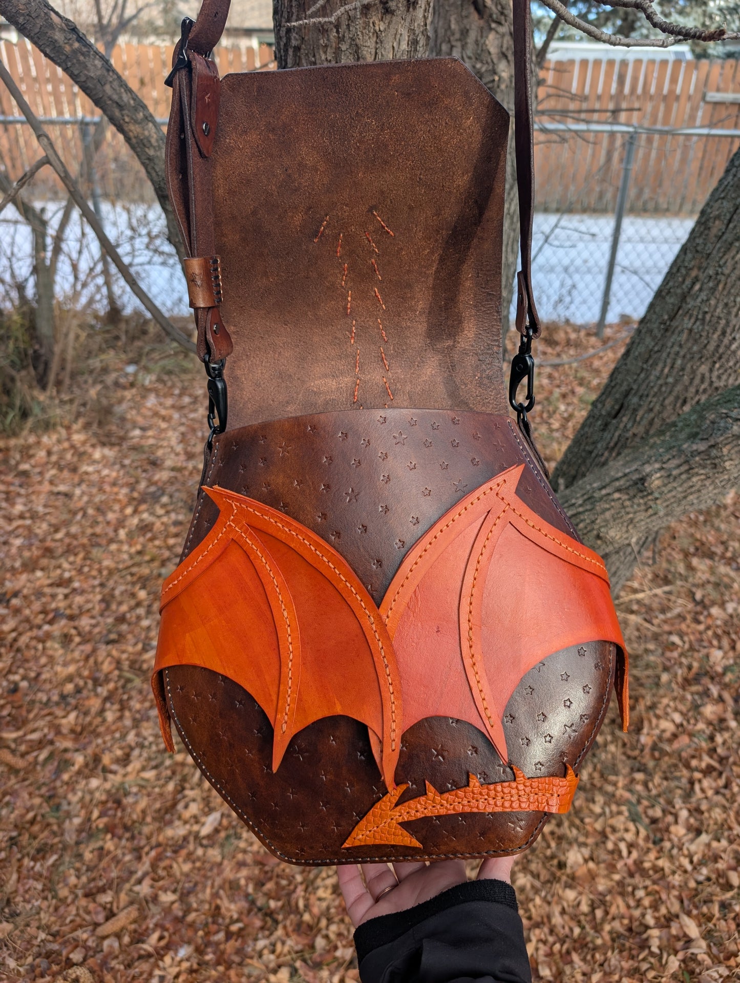 Handmade Leather Orange & Brown Star Embossed Dragon Crossbody Purse (Full Grain Leather & Handmade in Canada))